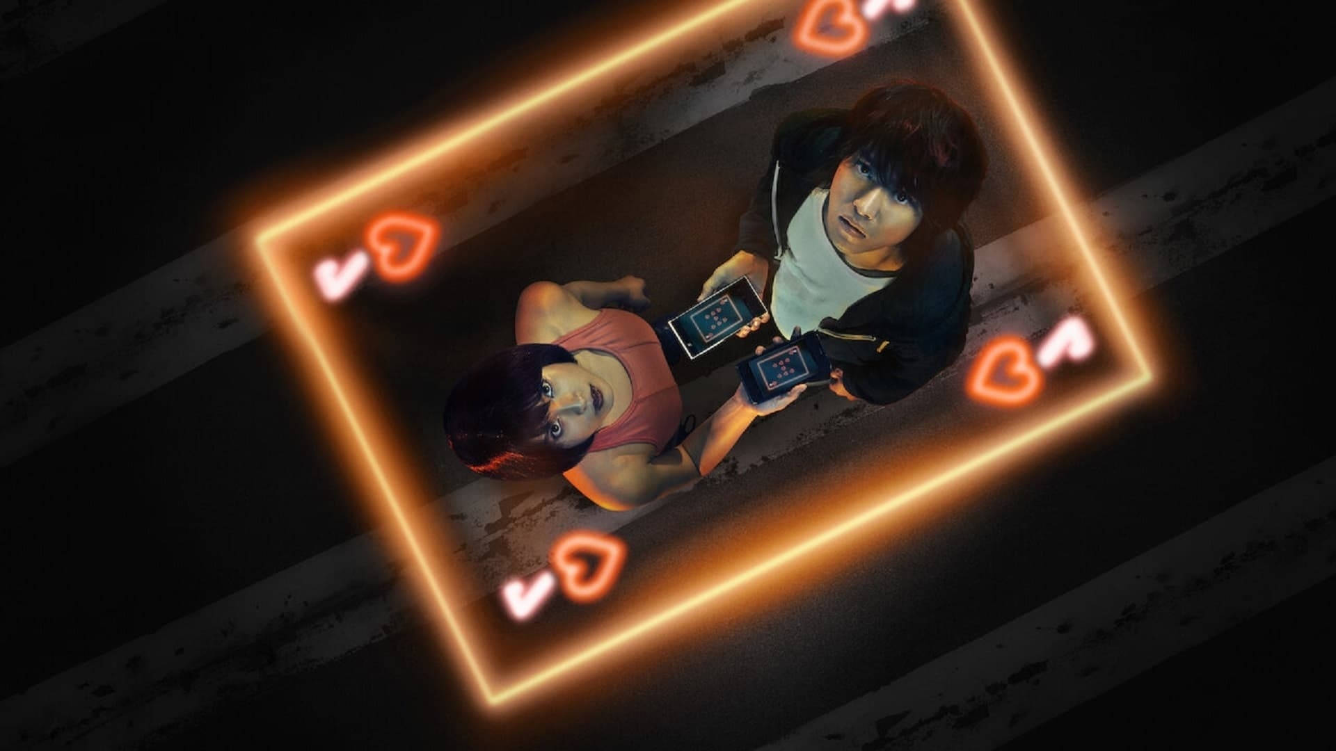 Alice In Borderland, glowing orange hearts, glowing phones, Full HD Desktop Wallpaper