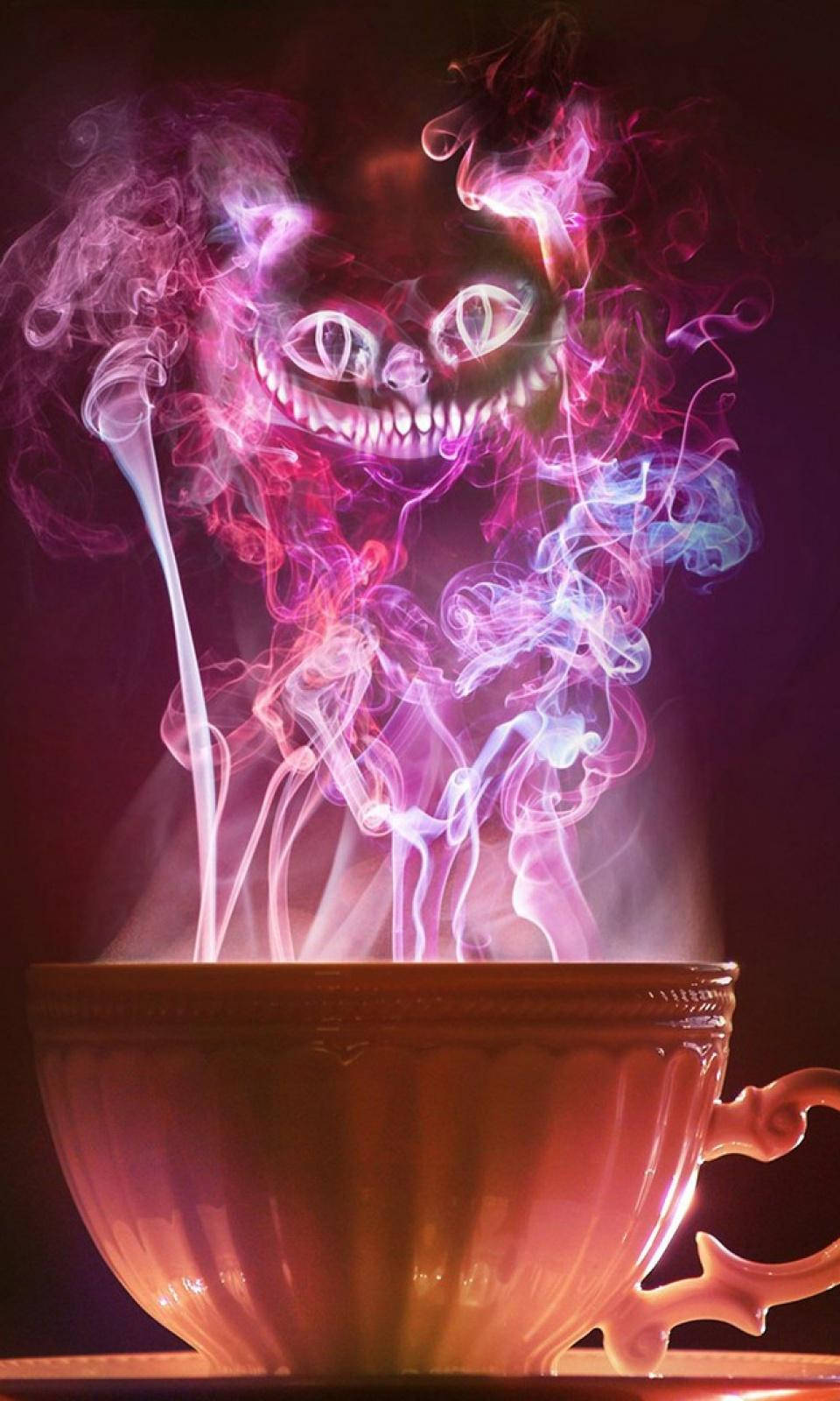 Alice In Wonderland, glowing cup, swirling pink and blue smoke, HD Phone Wallpaper