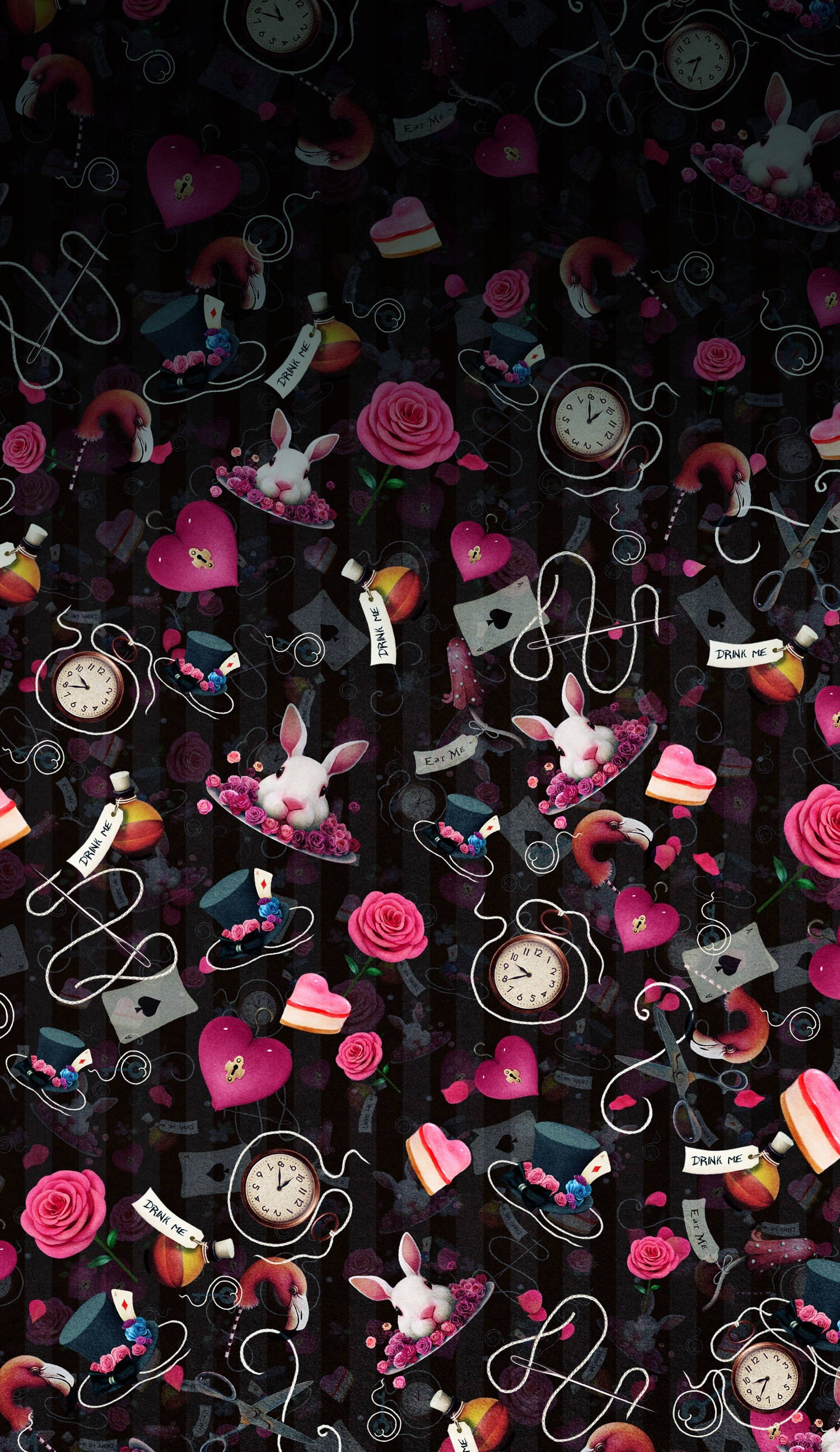 Alice In Wonderland Phone, pink roses, clocks, 2K Phone Wallpaper