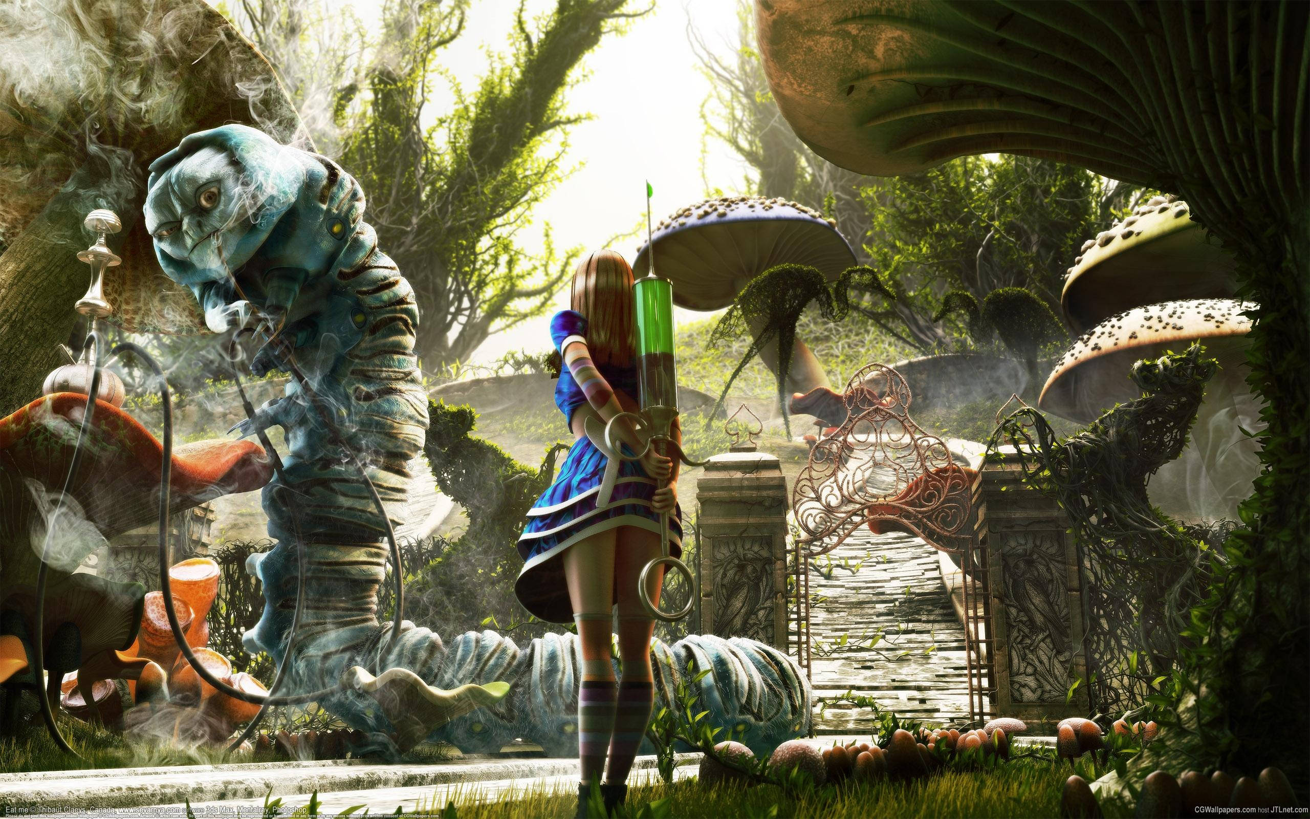 Alice In Wonderland, blue dress, giant blue worm creature, 2K Desktop Wallpaper
