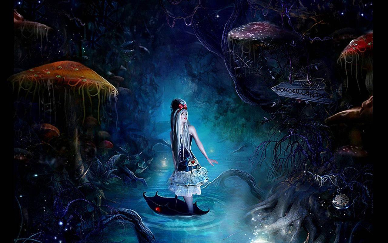 Alice, Wonderland, glowing blue water, HD Desktop Wallpaper