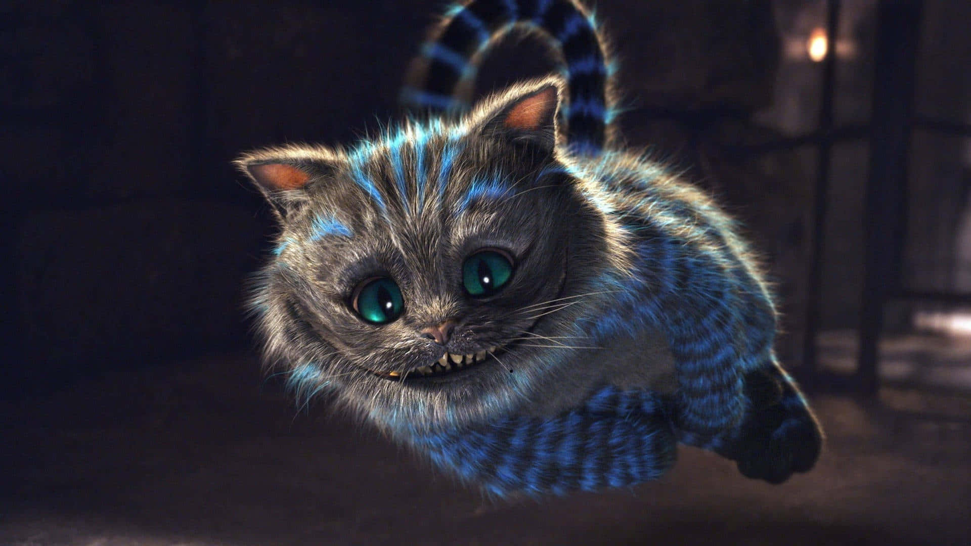 Alice In Wonderland, whimsical blue-striped cat, glowing green eyes, Full HD Desktop Wallpaper