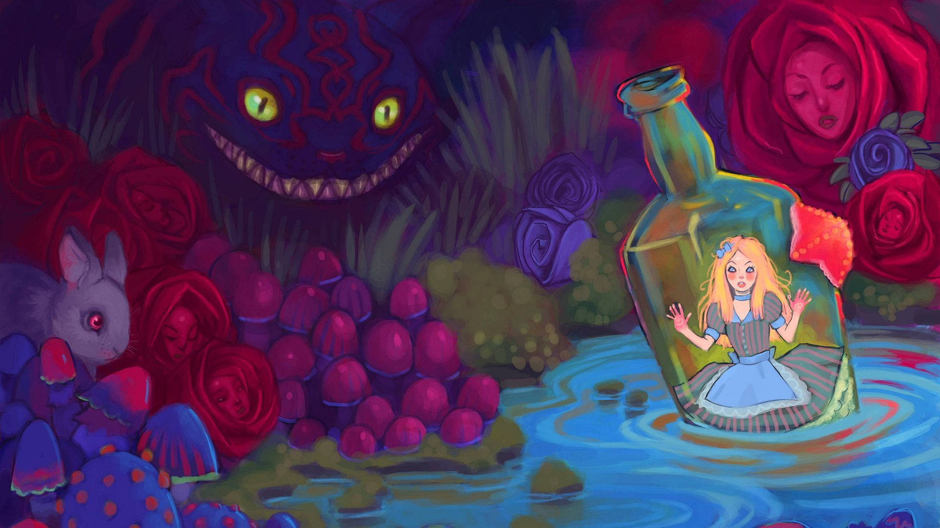 Alice In Wonderland, Alice, giant roses, Full HD Desktop Wallpaper