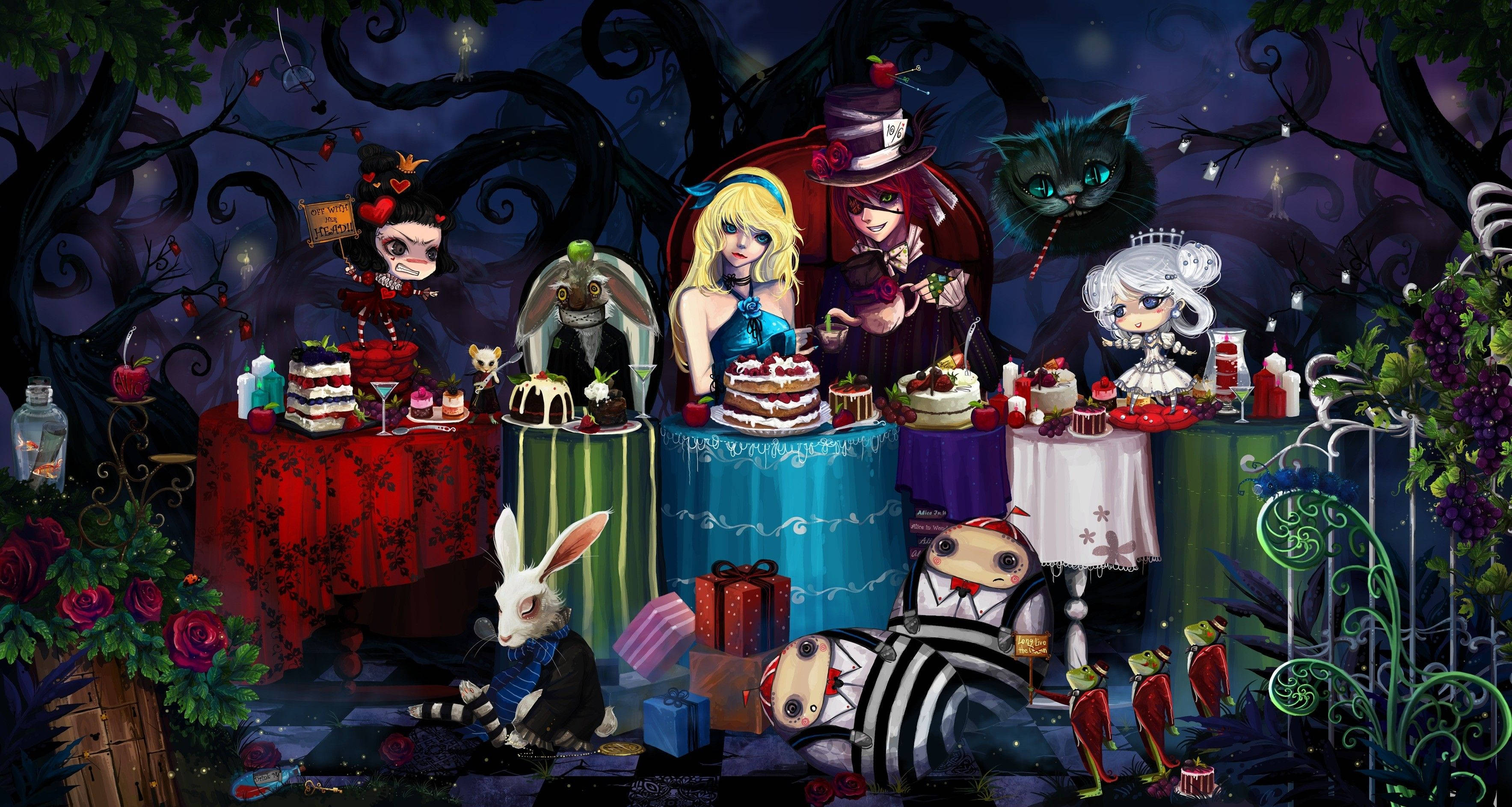 Alice In Wonderland, dark trippy tea party, twisted forest, 2K Desktop Wallpaper