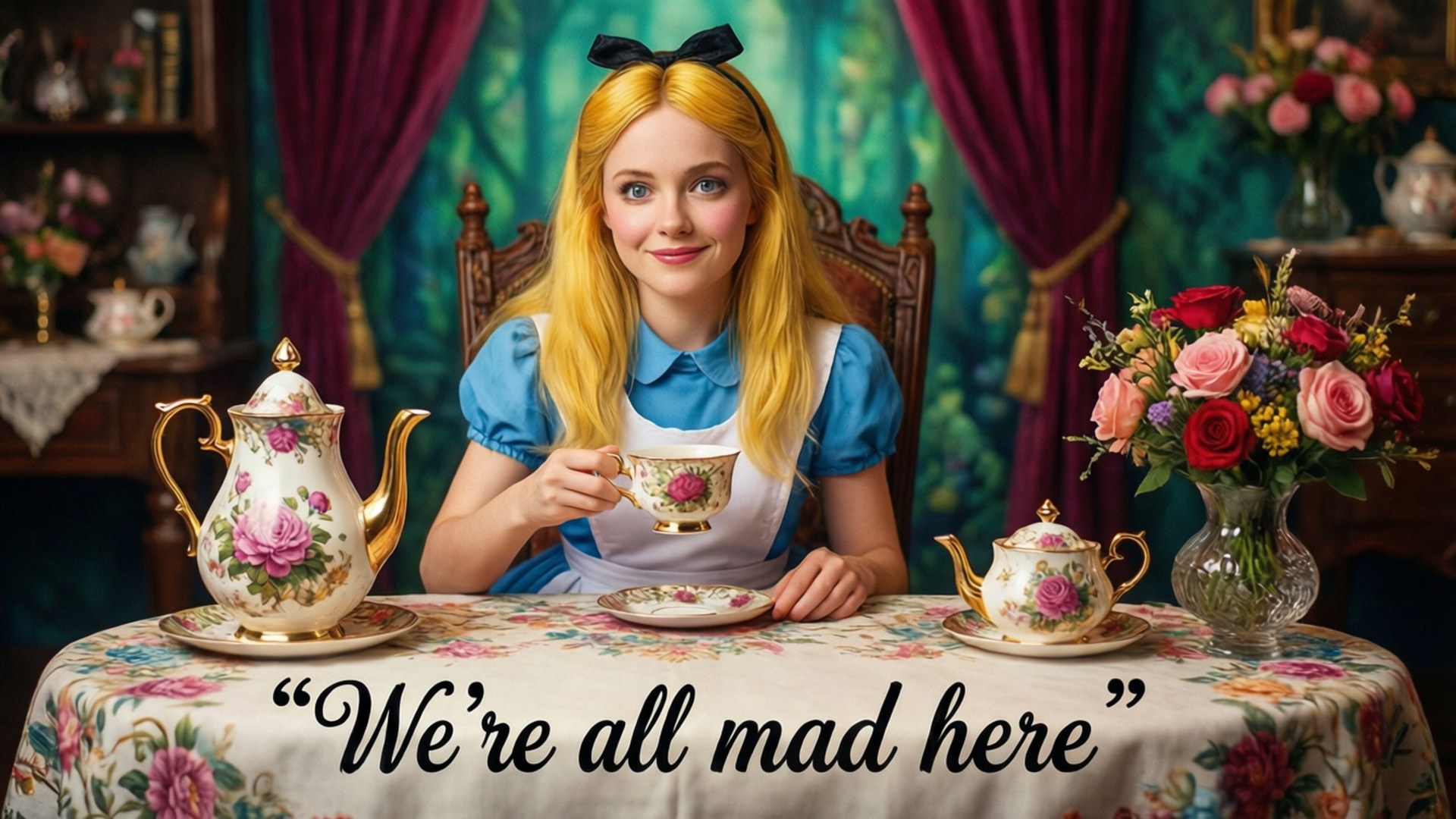 Alice in Wonderland, floral table, teacup, Full HD Desktop Wallpaper