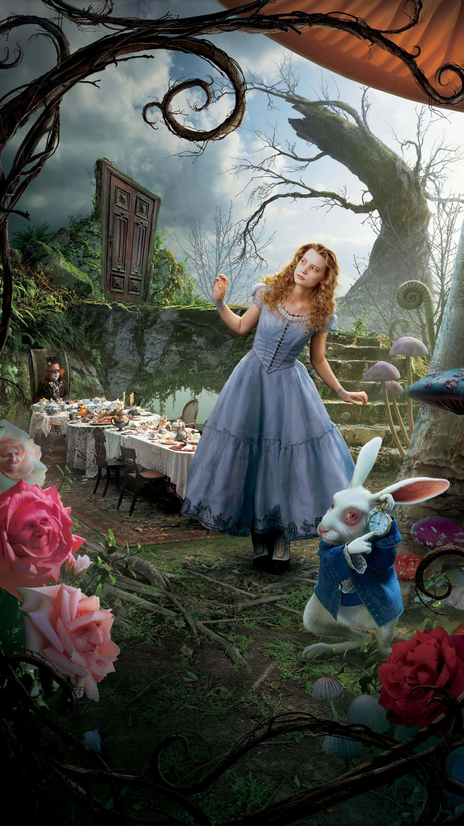 Alice In Wonderland, blue dress, white rabbit, 2K Phone Wallpaper