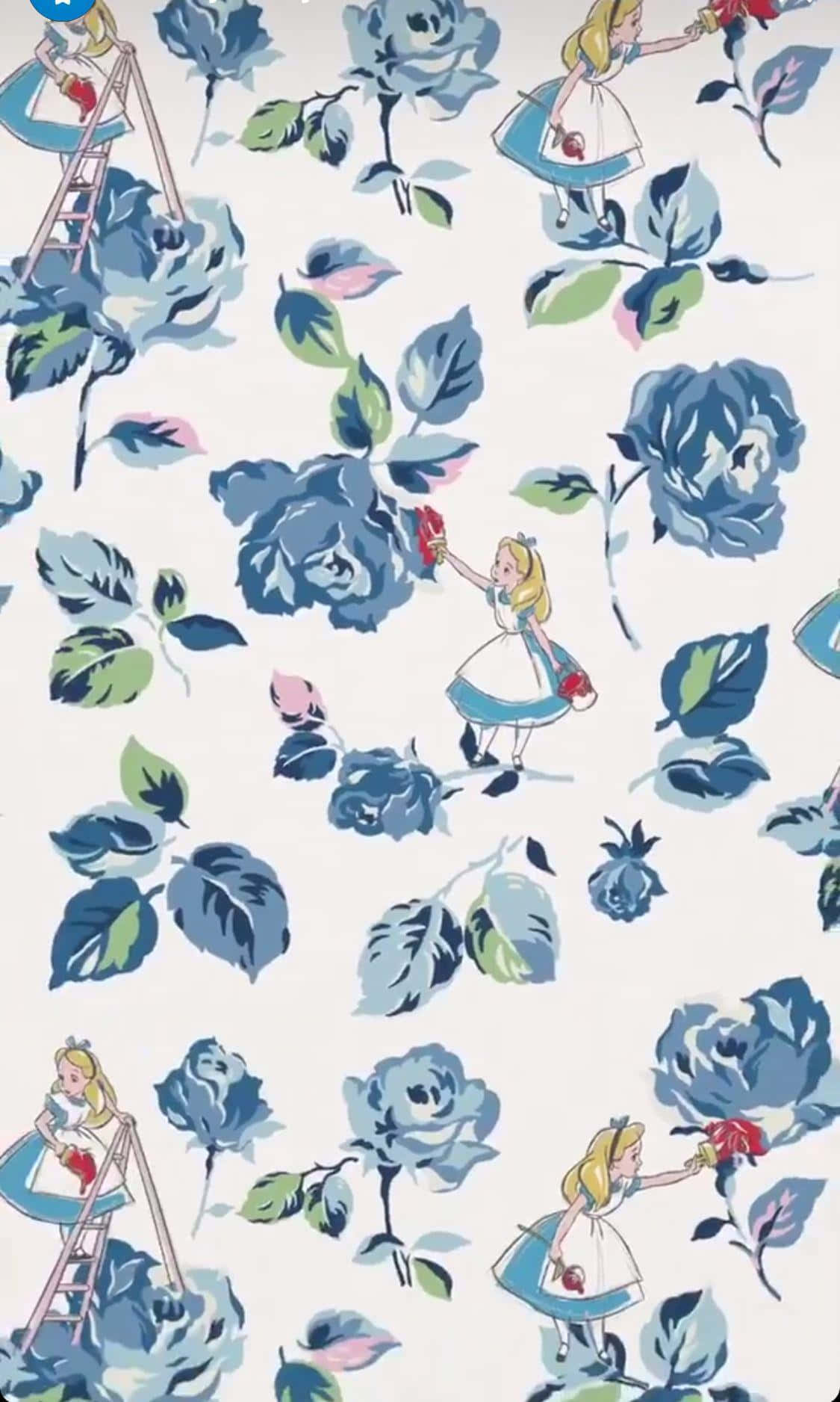 Alice in Wonderland, Alice in Wonderland characters, blue floral patterns, HD Phone Wallpaper