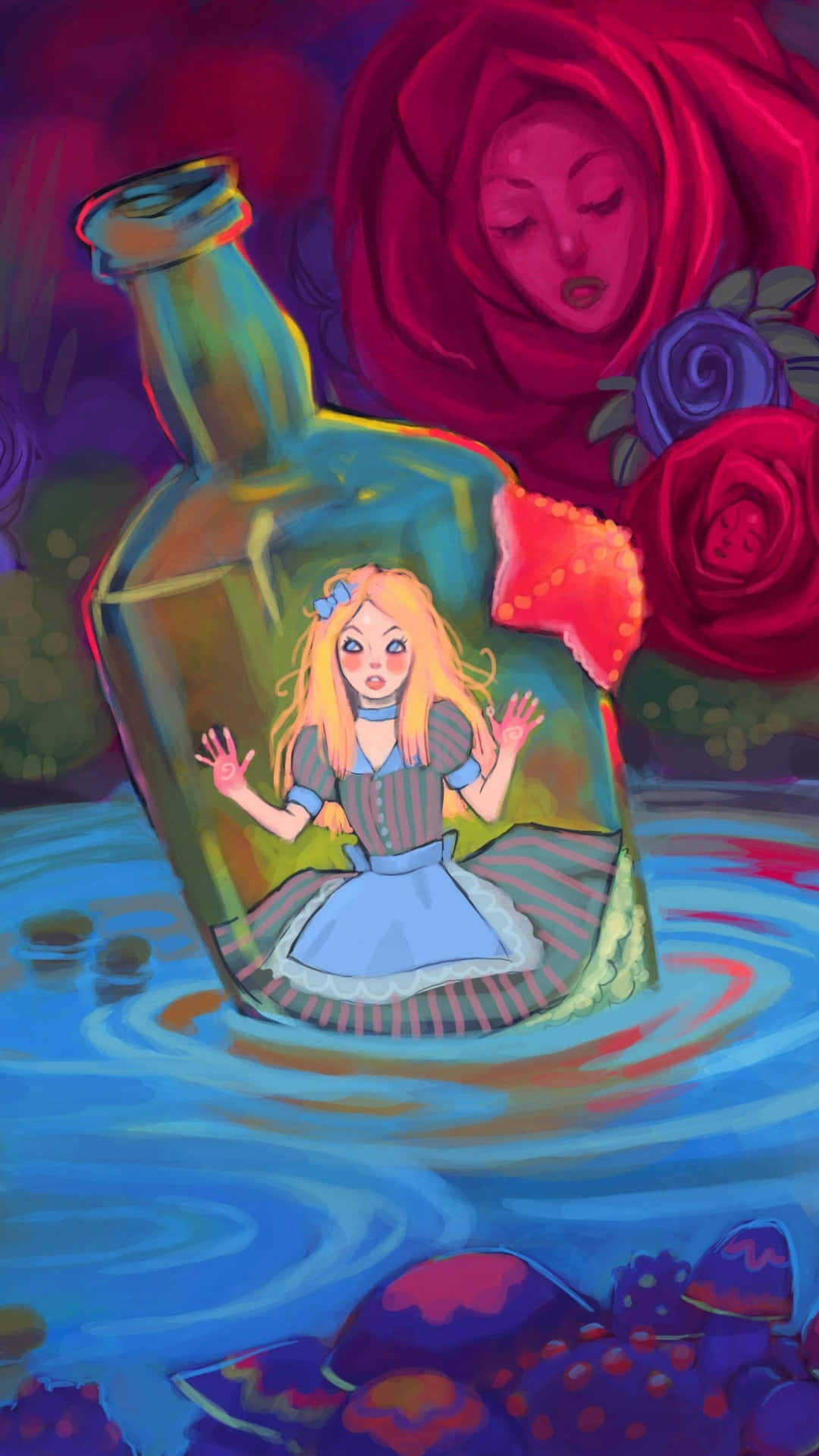 Alice, glass bottle, surreal waters, Full HD Phone Wallpaper