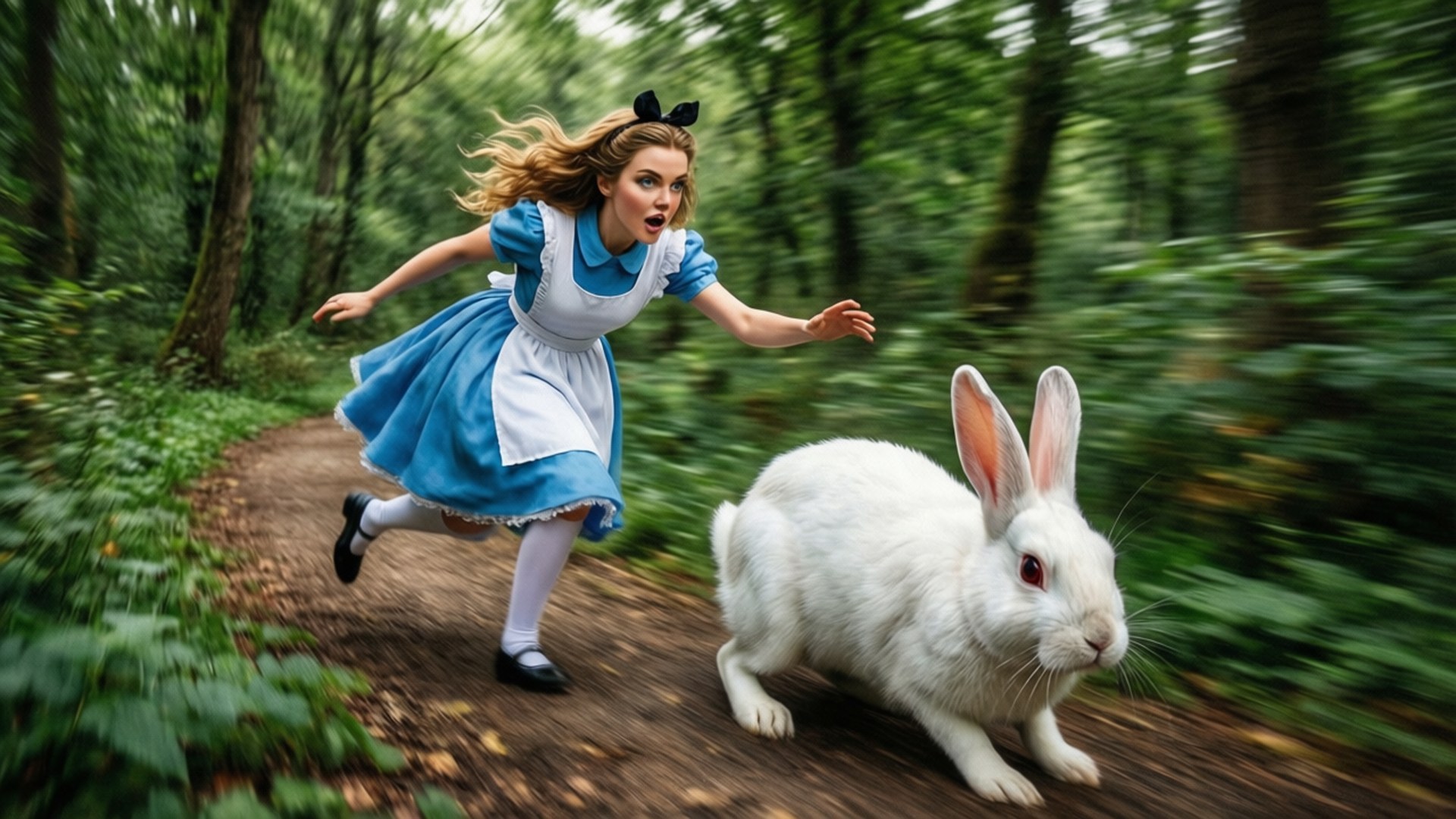 Alice In Wonderland, white rabbit, blue dress, Full HD Desktop Wallpaper