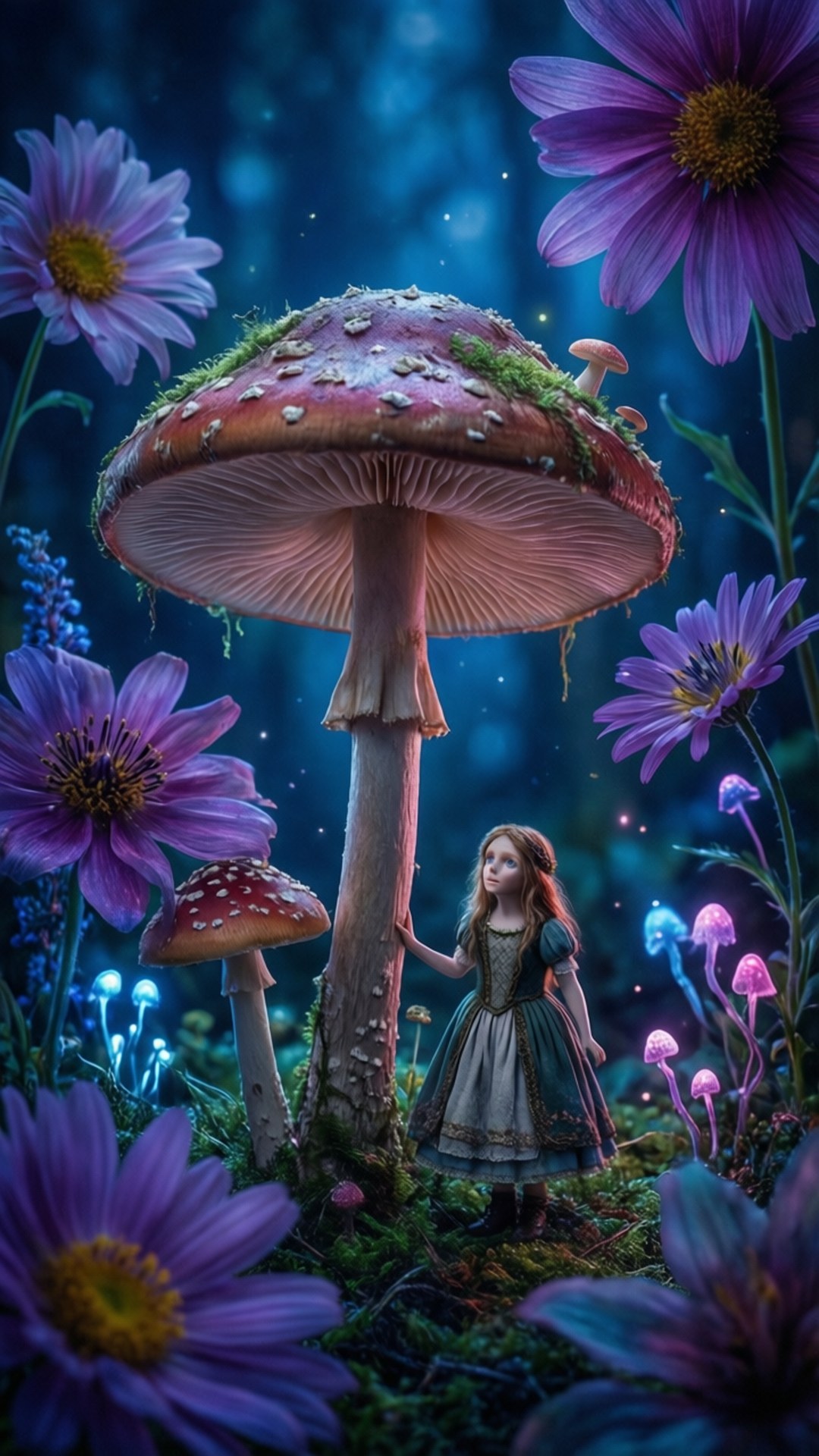 Alice In Wonderland, vintage dress, giant red mushroom, Full HD Phone Wallpaper