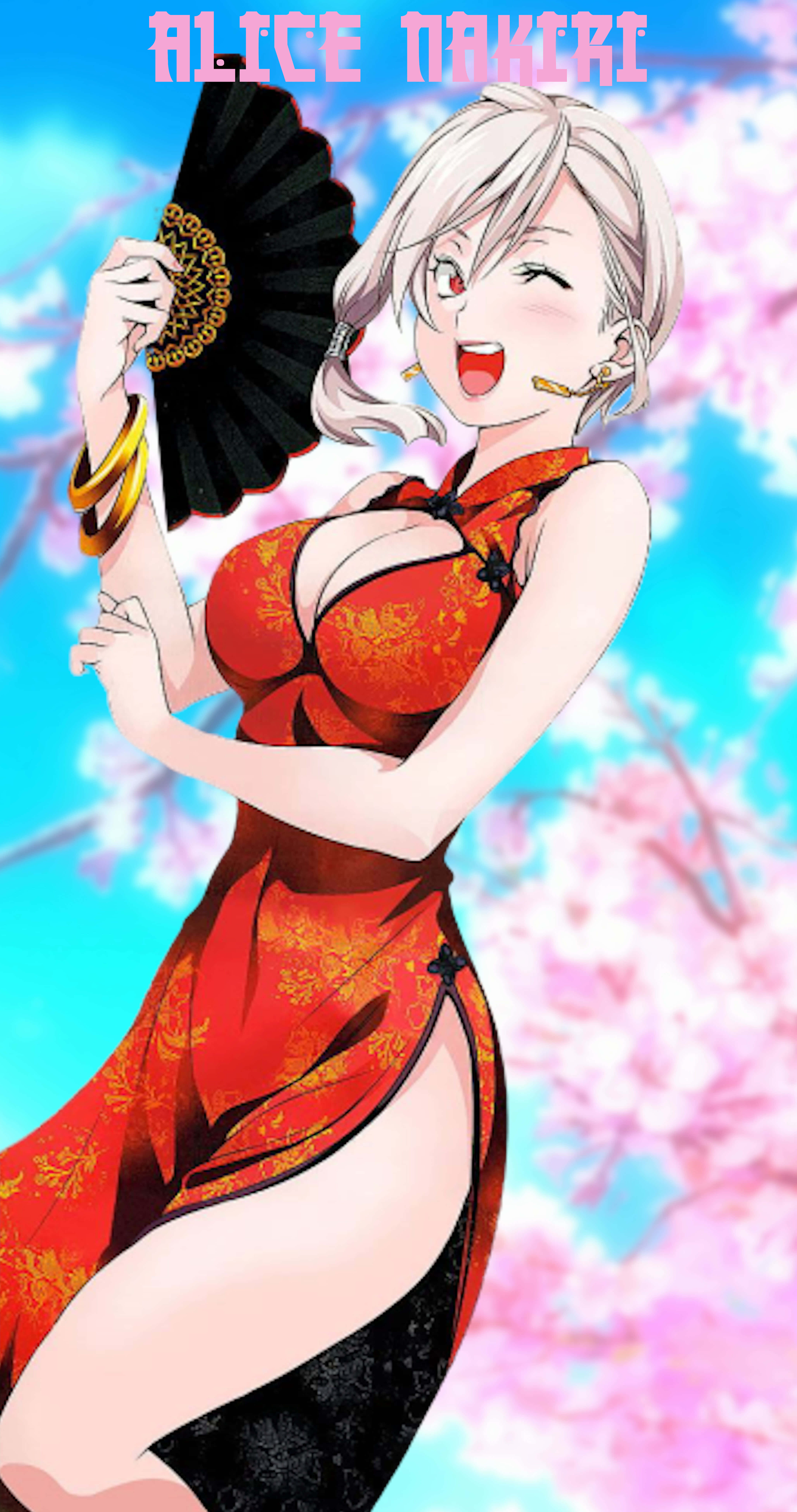 Alice Nakiri, red floral cheongsam, black fan, 8K Phone Wallpaper