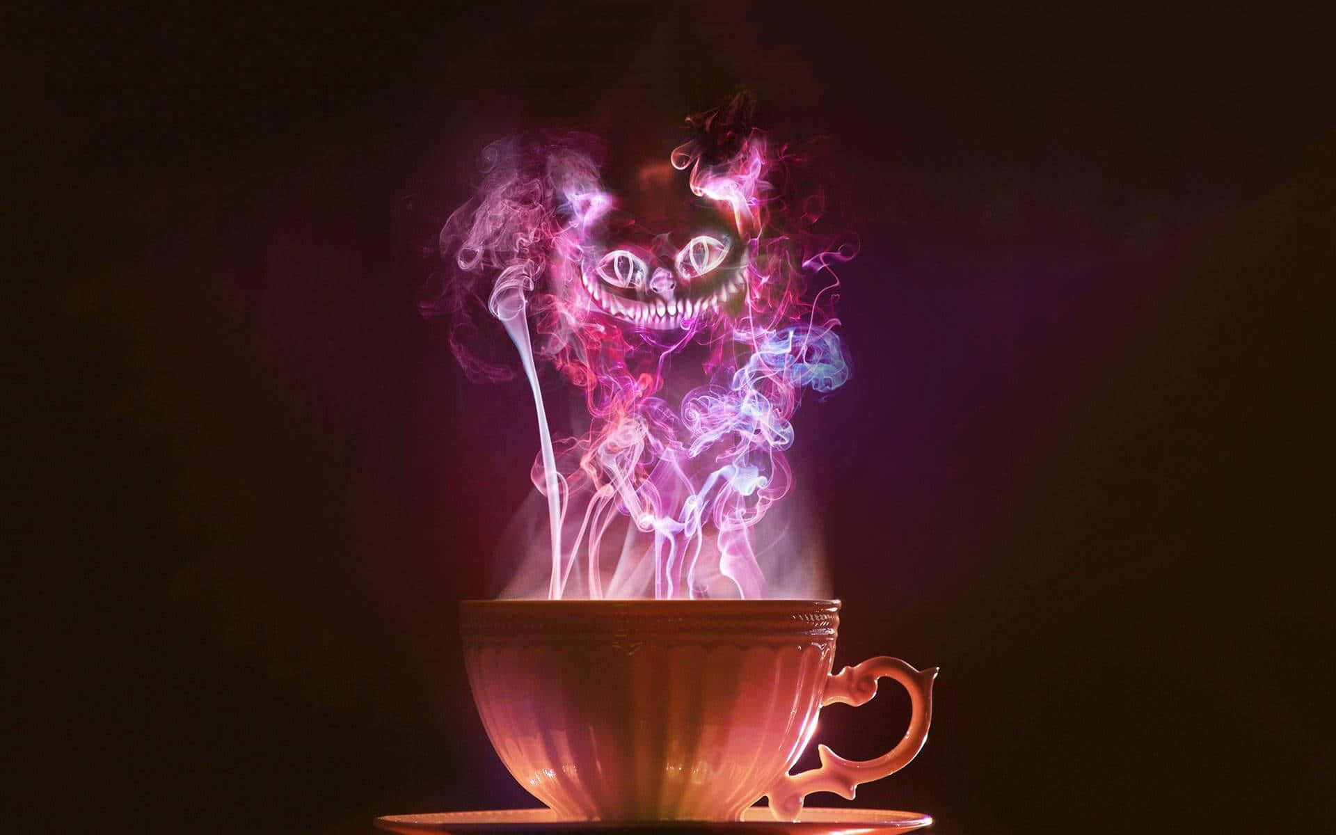 Alice Wonderland Aesthetic, glowing pink and blue smoke cat, steaming teacup, Full HD Desktop Wallpaper