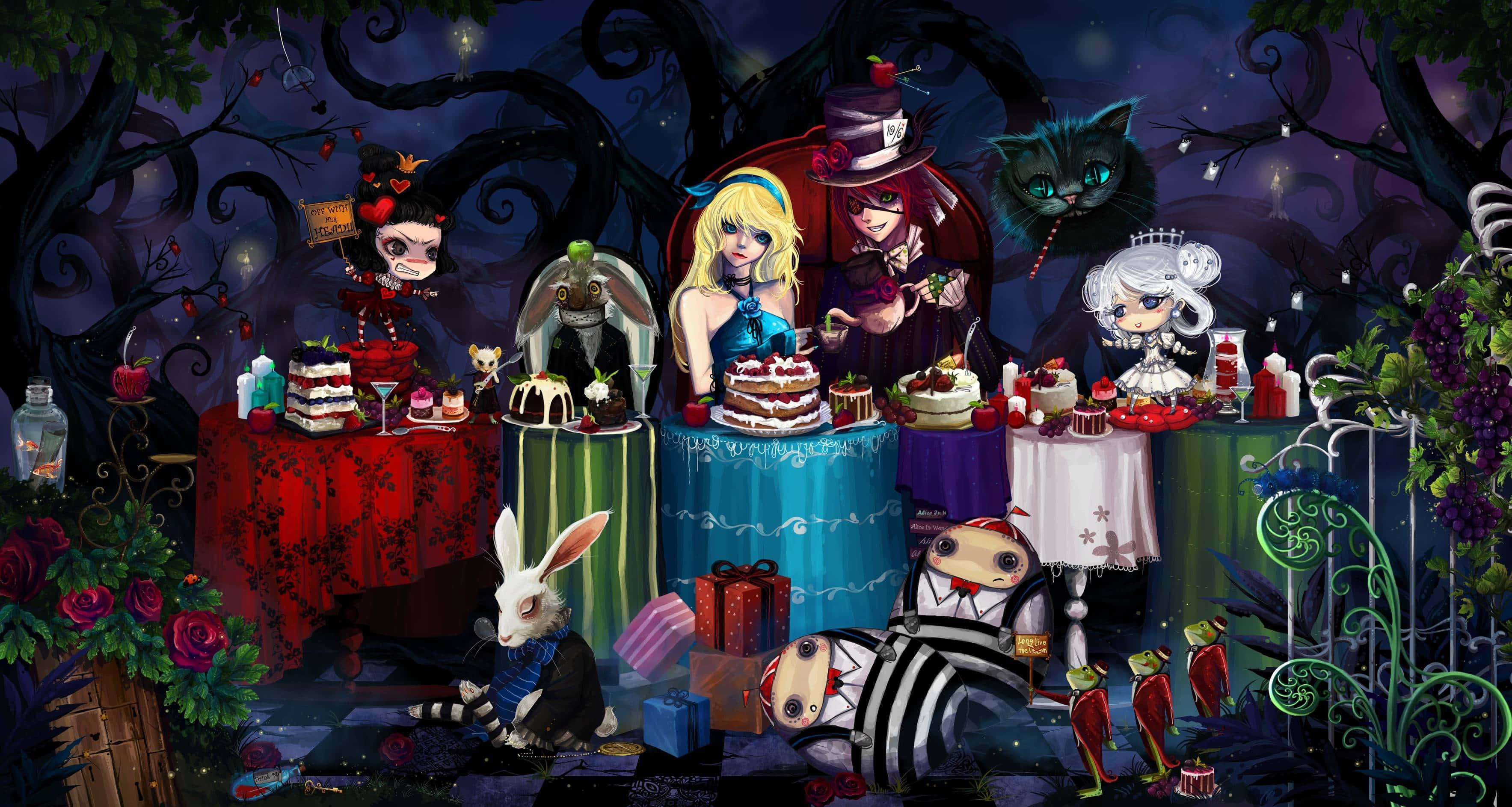 Alice Wonderland Aesthetic, whimsical dark fantasy, tea party, 2K Desktop Wallpaper