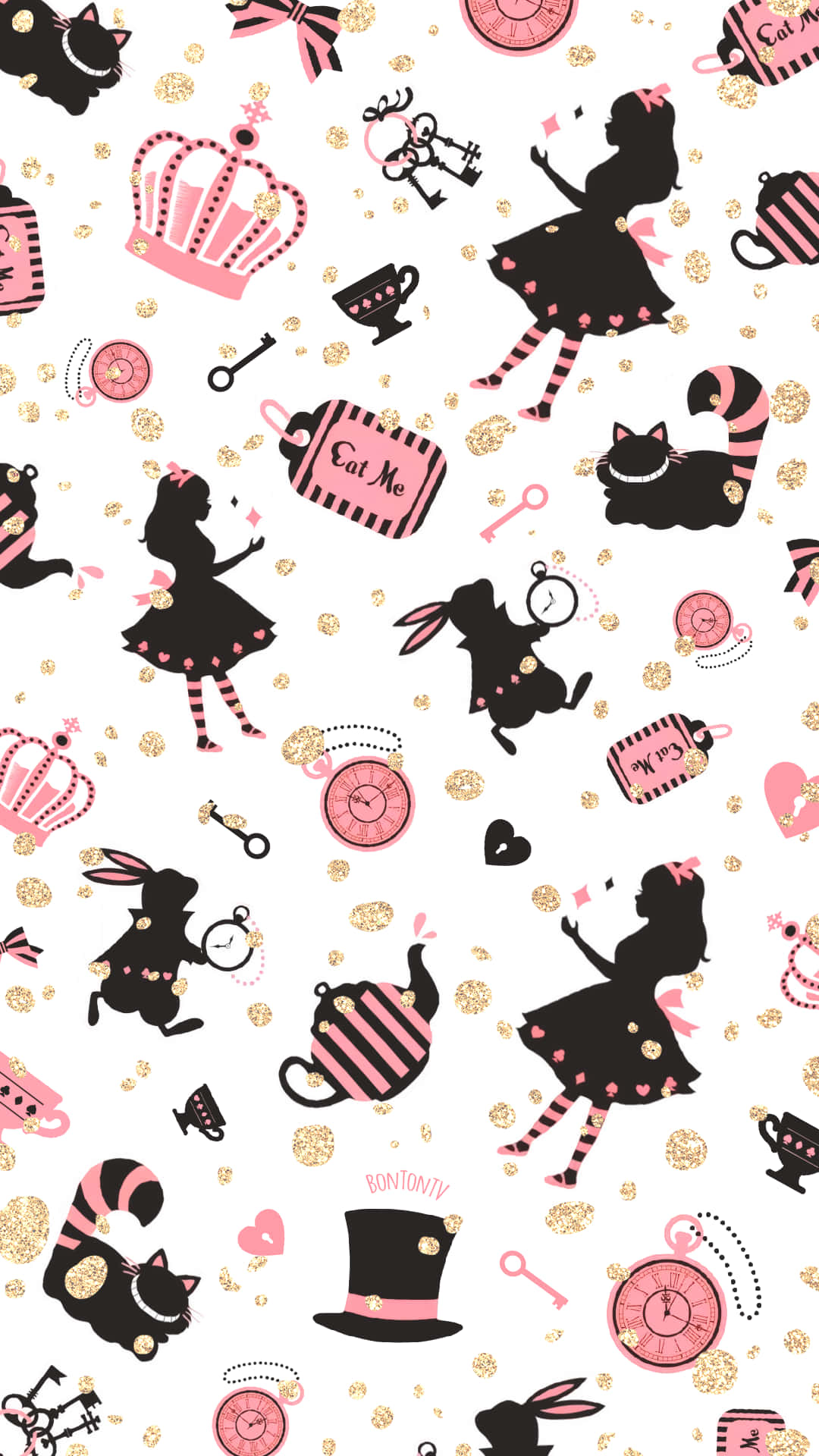 Alice in Wonderland, black silhouette, pink accents, Full HD Phone Wallpaper