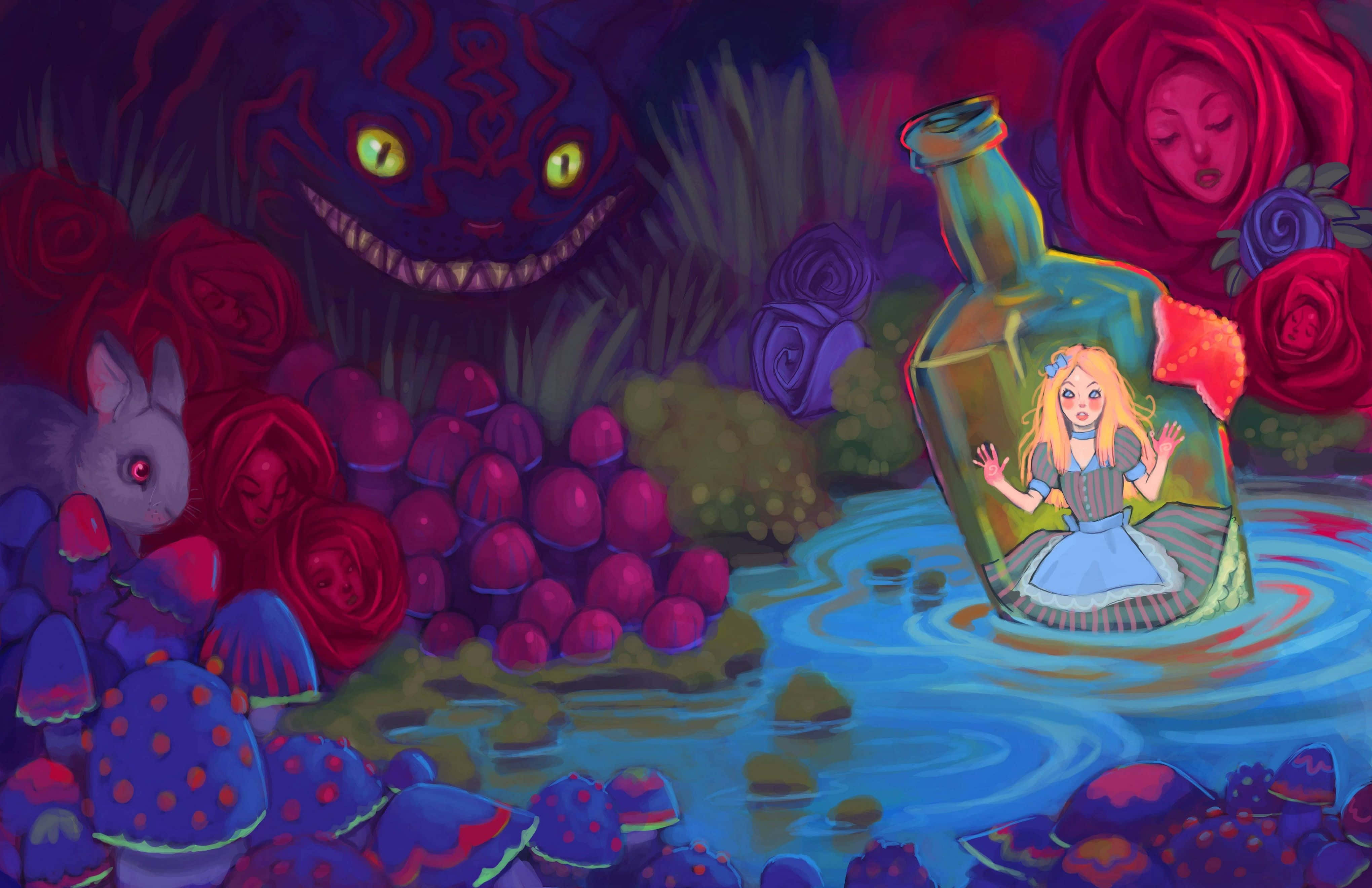 Alice, Wonderland Aesthetic, surreal forest, 4K Desktop Wallpaper