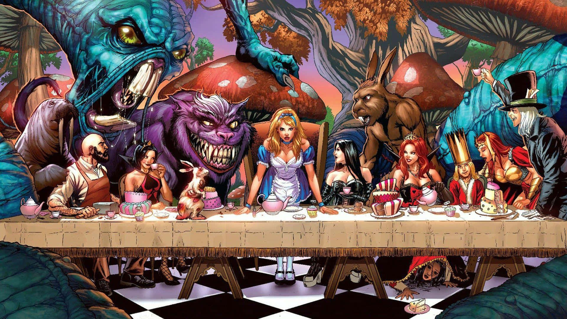 Alice, whimsical forest tea party, monstrous creatures, Full HD Desktop Wallpaper