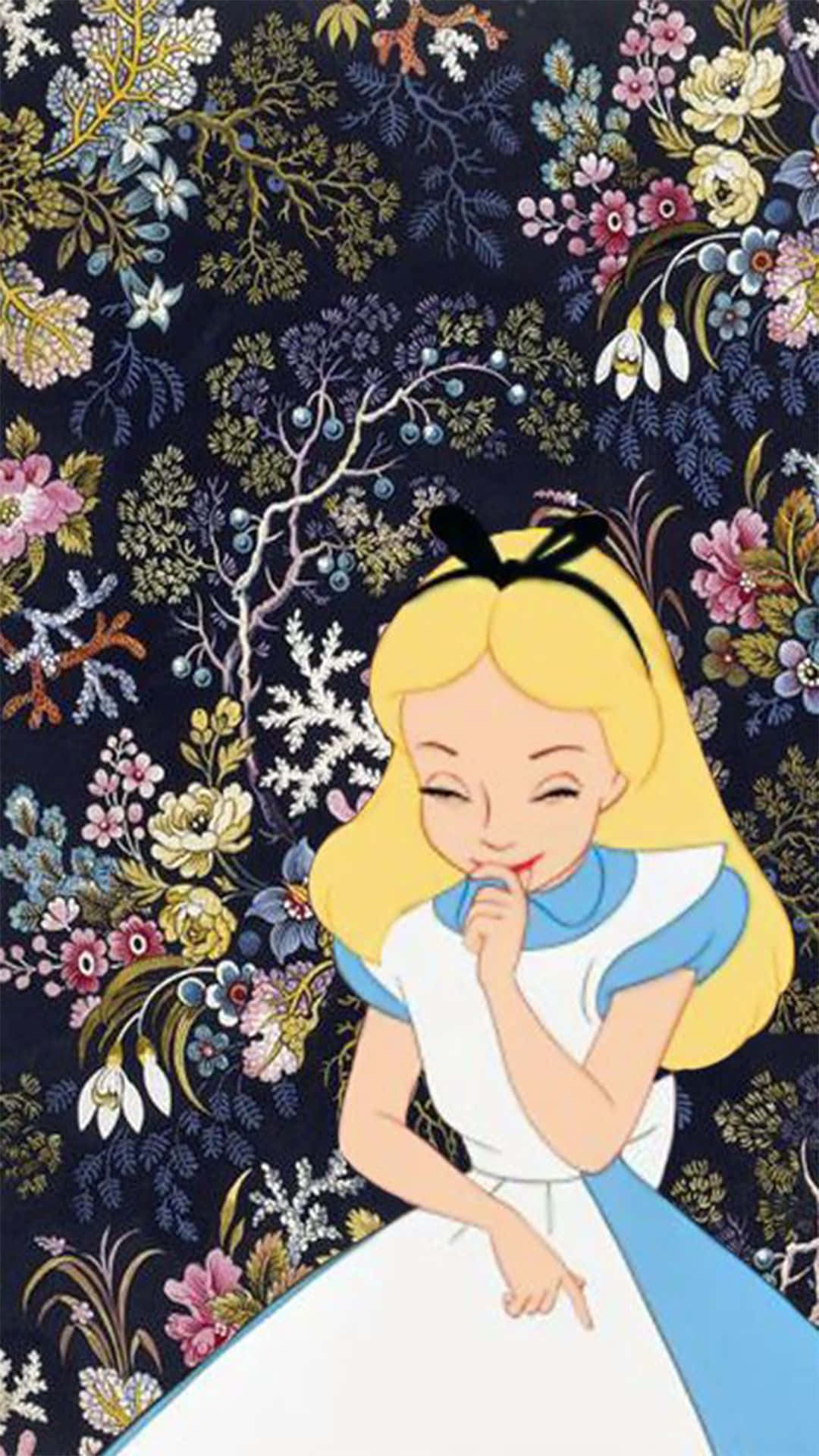 Alice in Wonderland, dark floral patterned backdrop, vibrant blossoms, Full HD Phone Wallpaper
