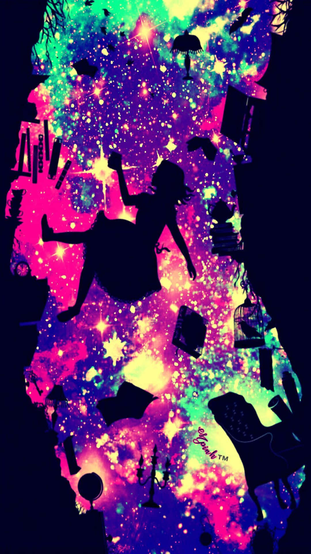 Alice in Wonderland aesthetic, neon stars, floating book silhouettes, Full HD Phone Wallpaper