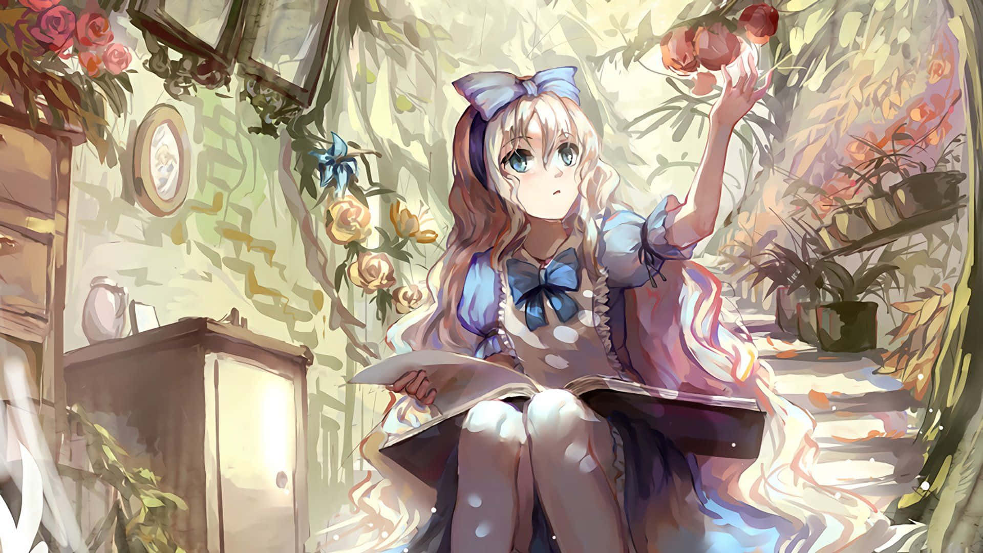 Alice Wonderland Aesthetic, blue bow dress, sunlit, Full HD Desktop Wallpaper