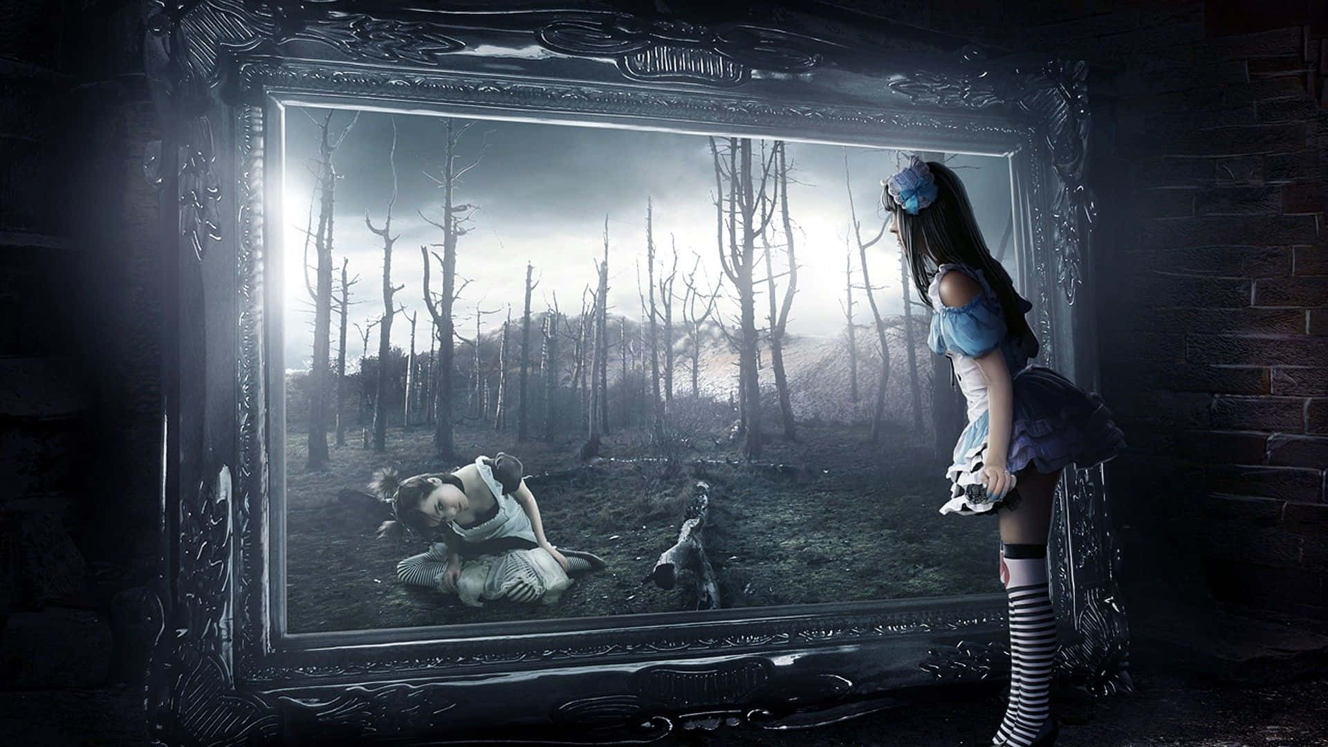 Alice Wonderland Aesthetic, blue dress, large ornate mirror, Full HD Desktop Wallpaper