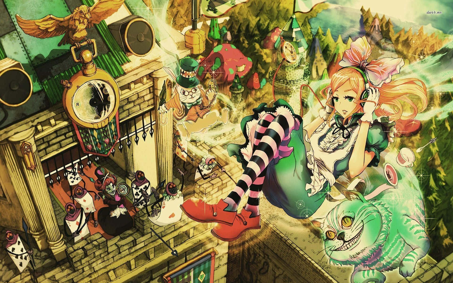 Alice Wonderland Aesthetic, white rabbit, clock tower, Full HD Desktop Wallpaper