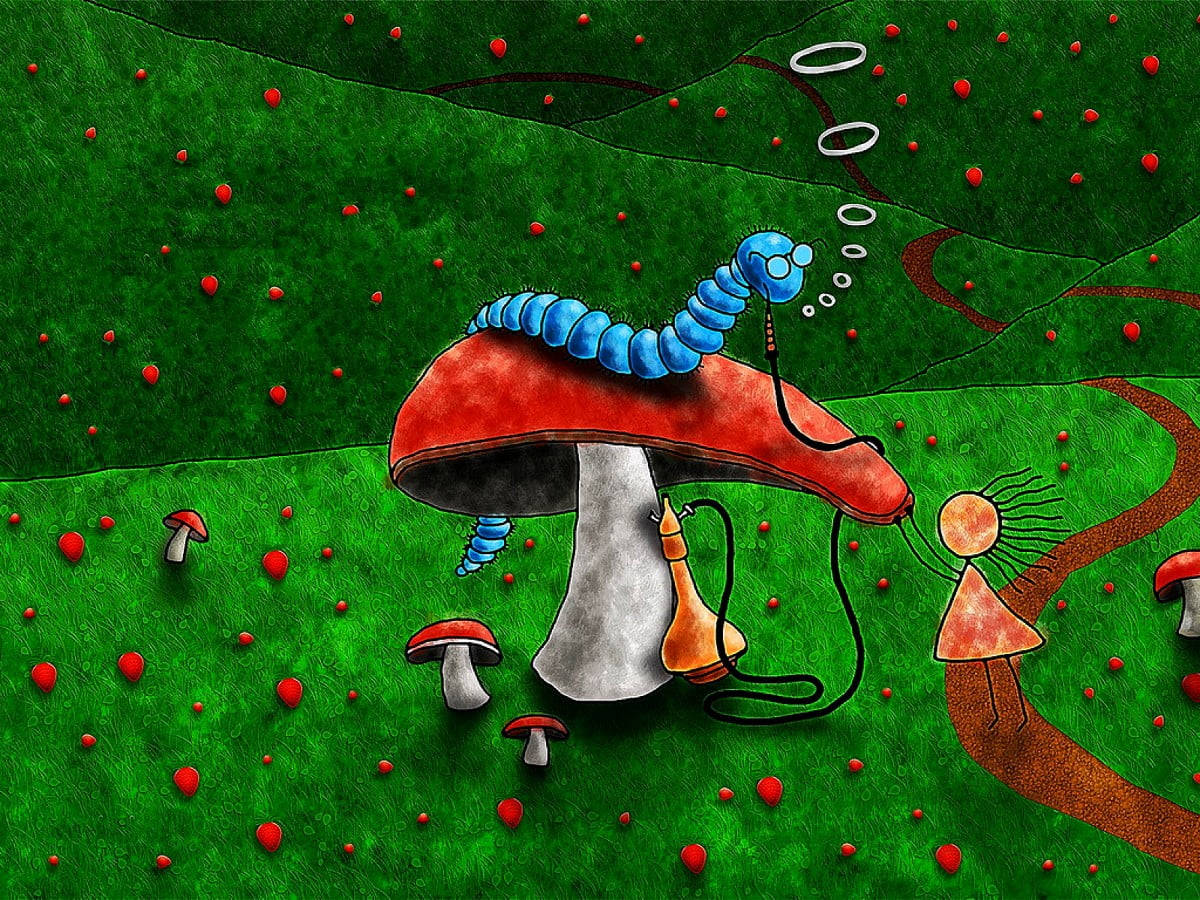 Alice In Wonderland, blue caterpillar, giant red mushroom, SD Desktop Wallpaper