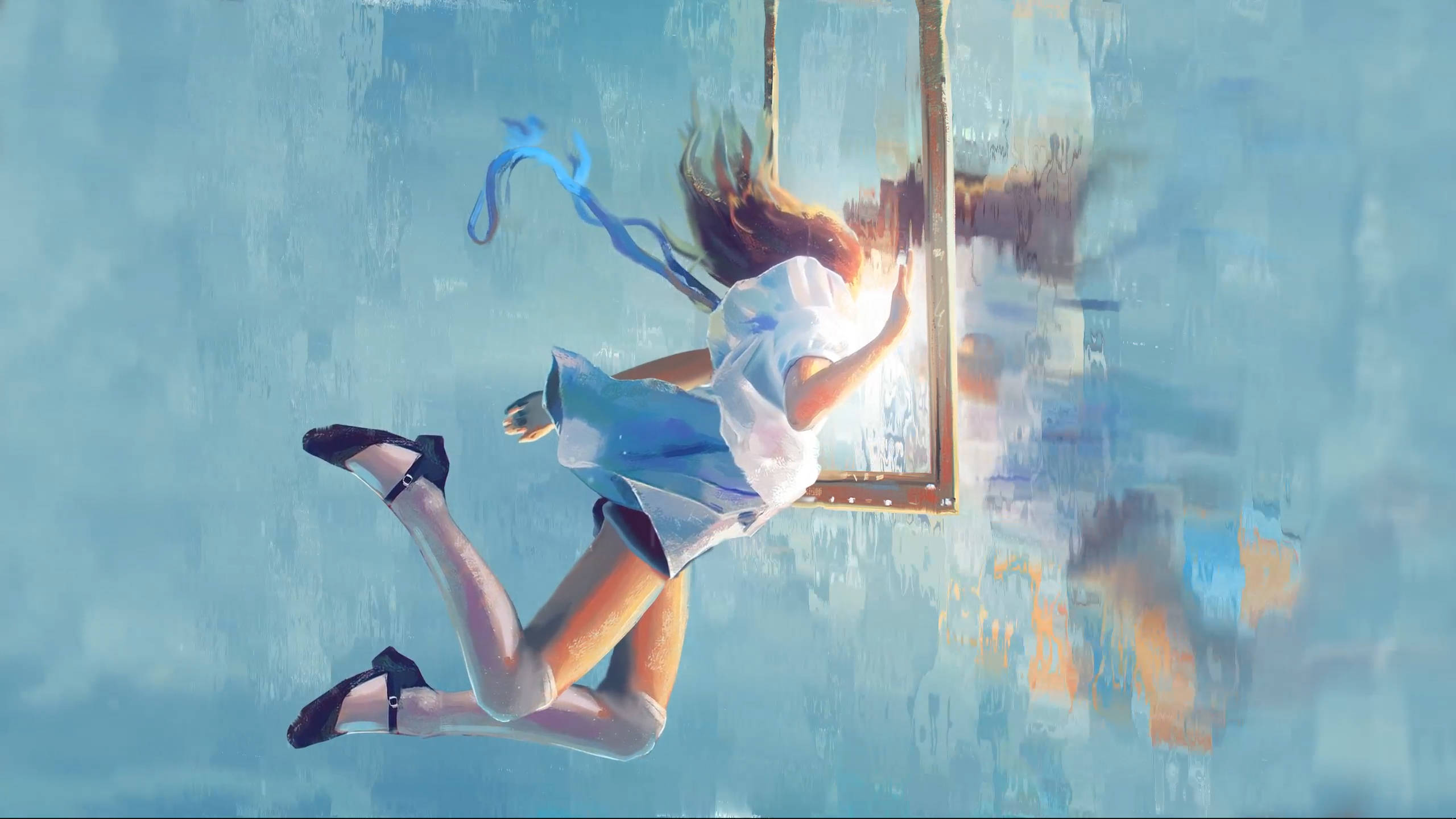 Alice In Wonderland, mirror portal, glowing window frame, 2K Desktop Wallpaper