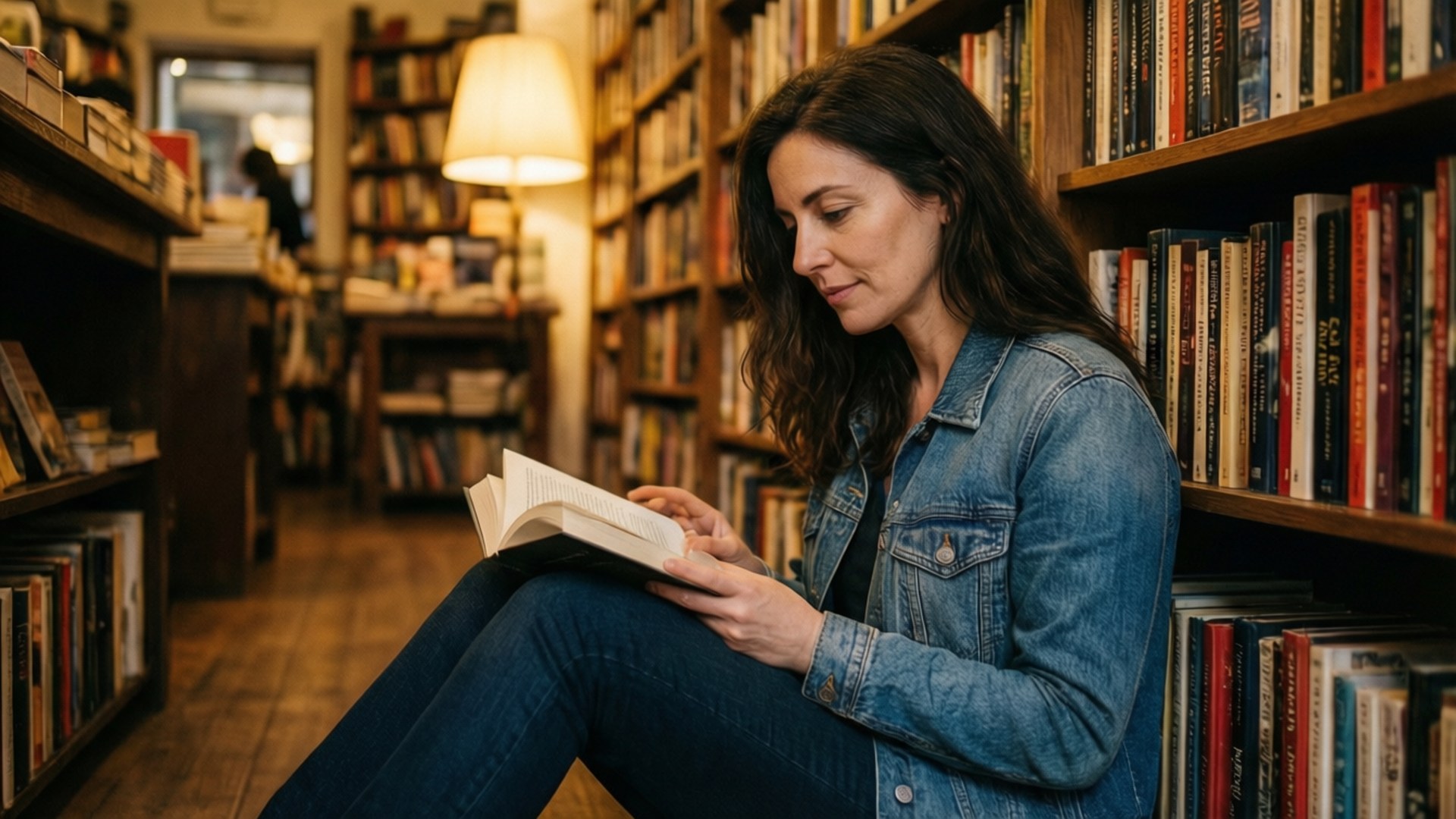Alicia Banit, cozy bookstore, warm lighting, Full HD Desktop Wallpaper
