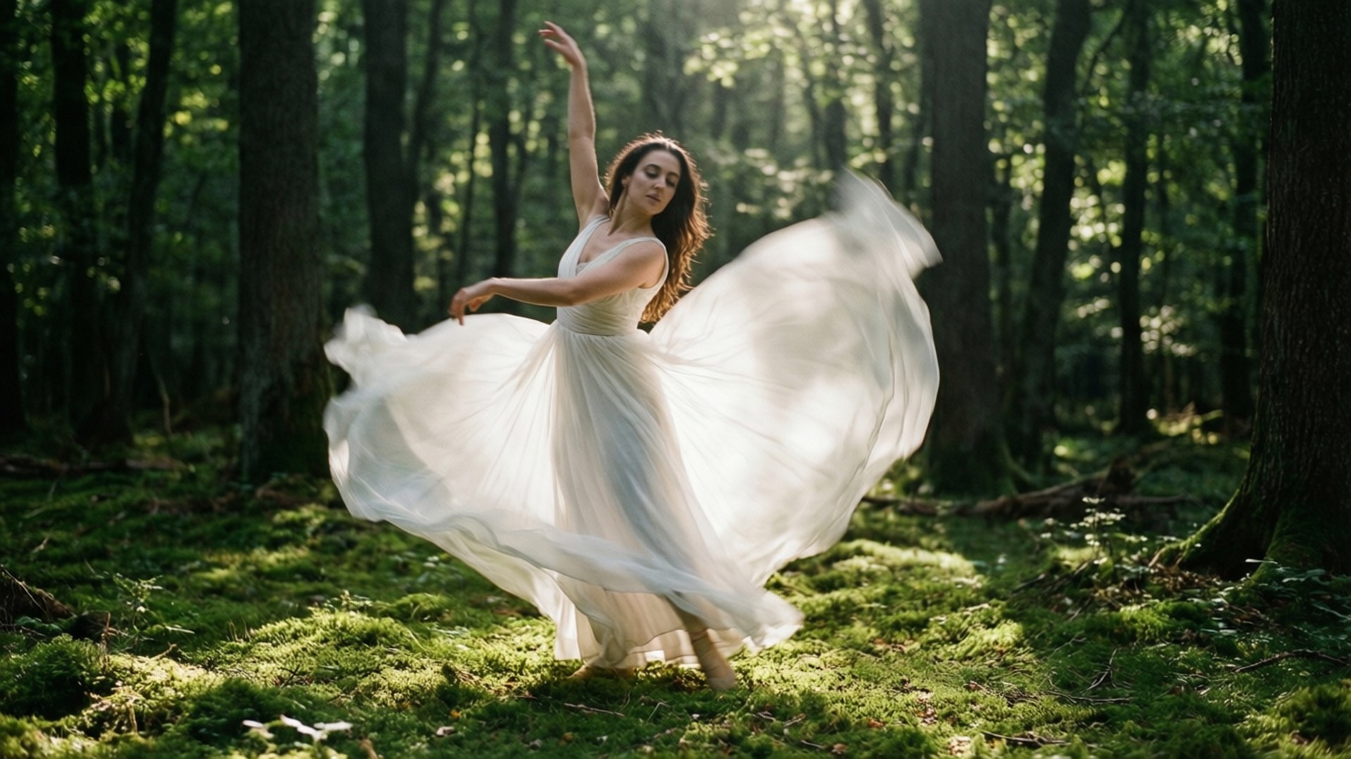 Alicia Banit, forest, dappled sunlight, Full HD Desktop Wallpaper