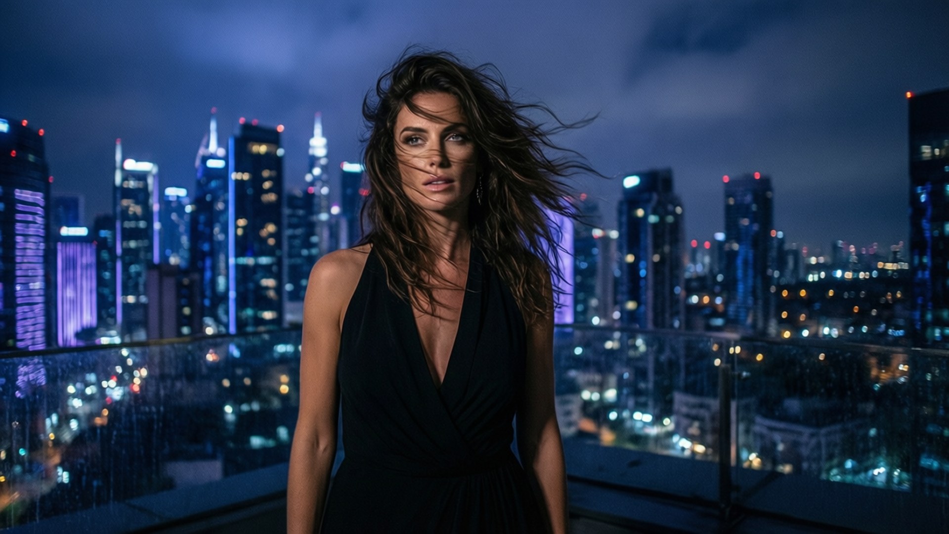 Alicia Banit, rooftop, city, Full HD Desktop Wallpaper