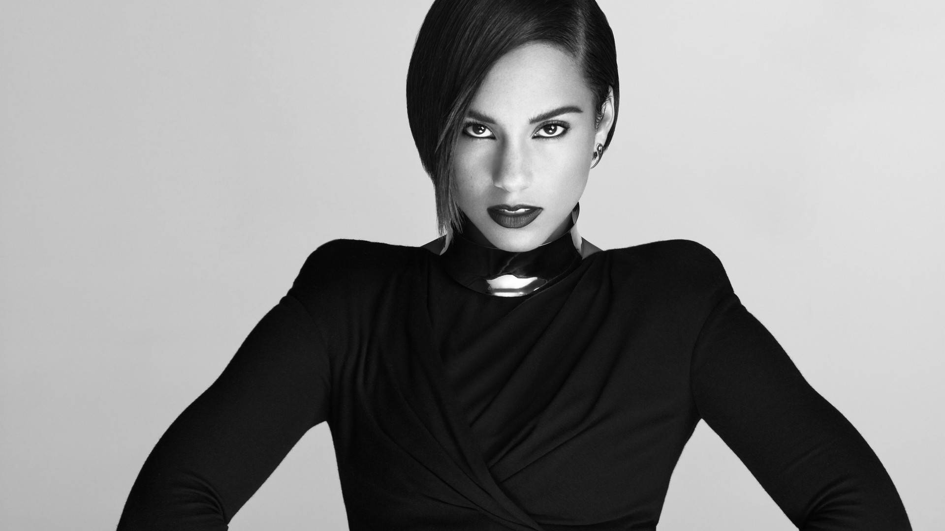 Alicia Keys, black top, black and white portrait, Full HD Desktop Wallpaper