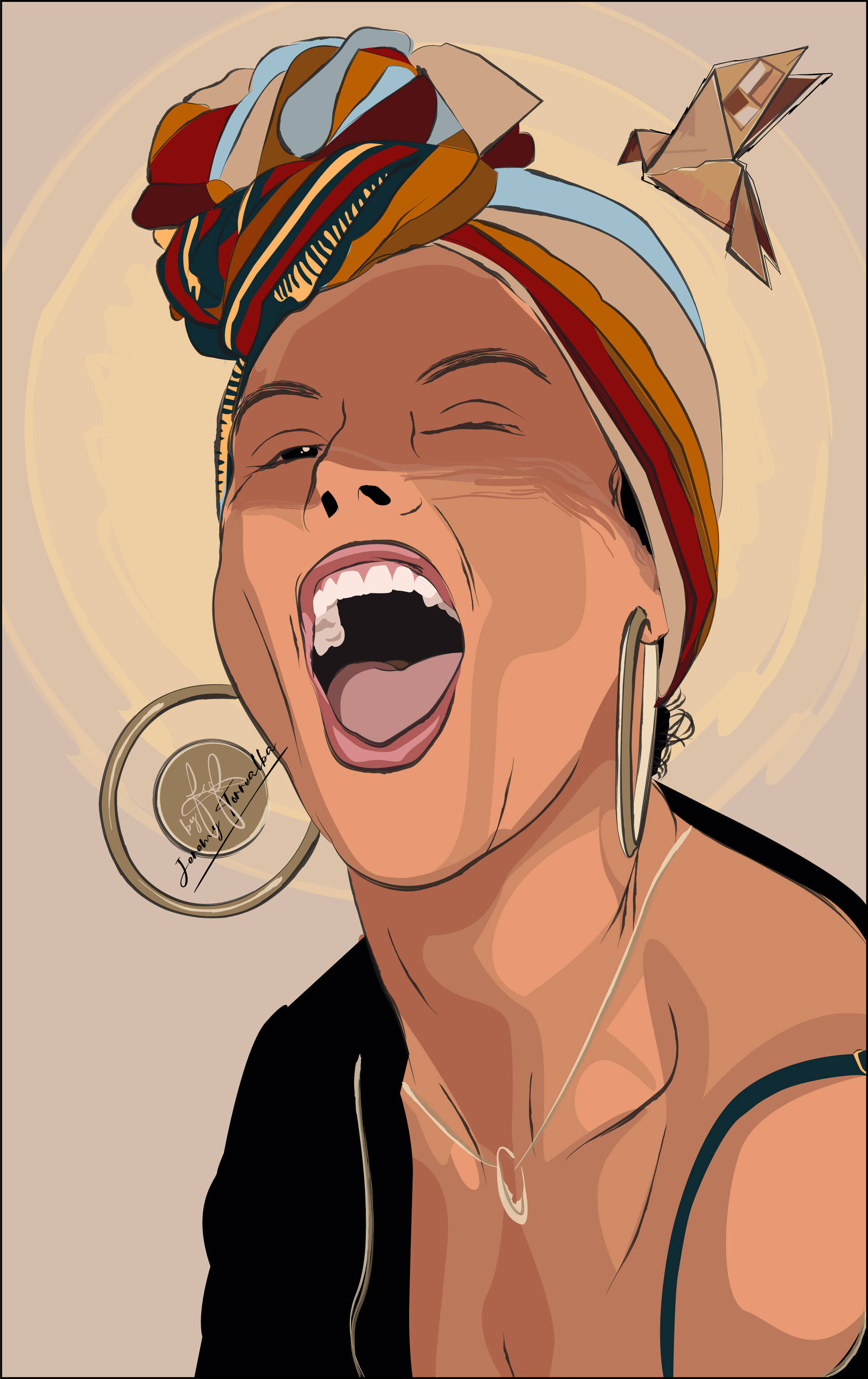 Alicia Keys, digital illustration, colorful headwrap, 2K Phone Wallpaper