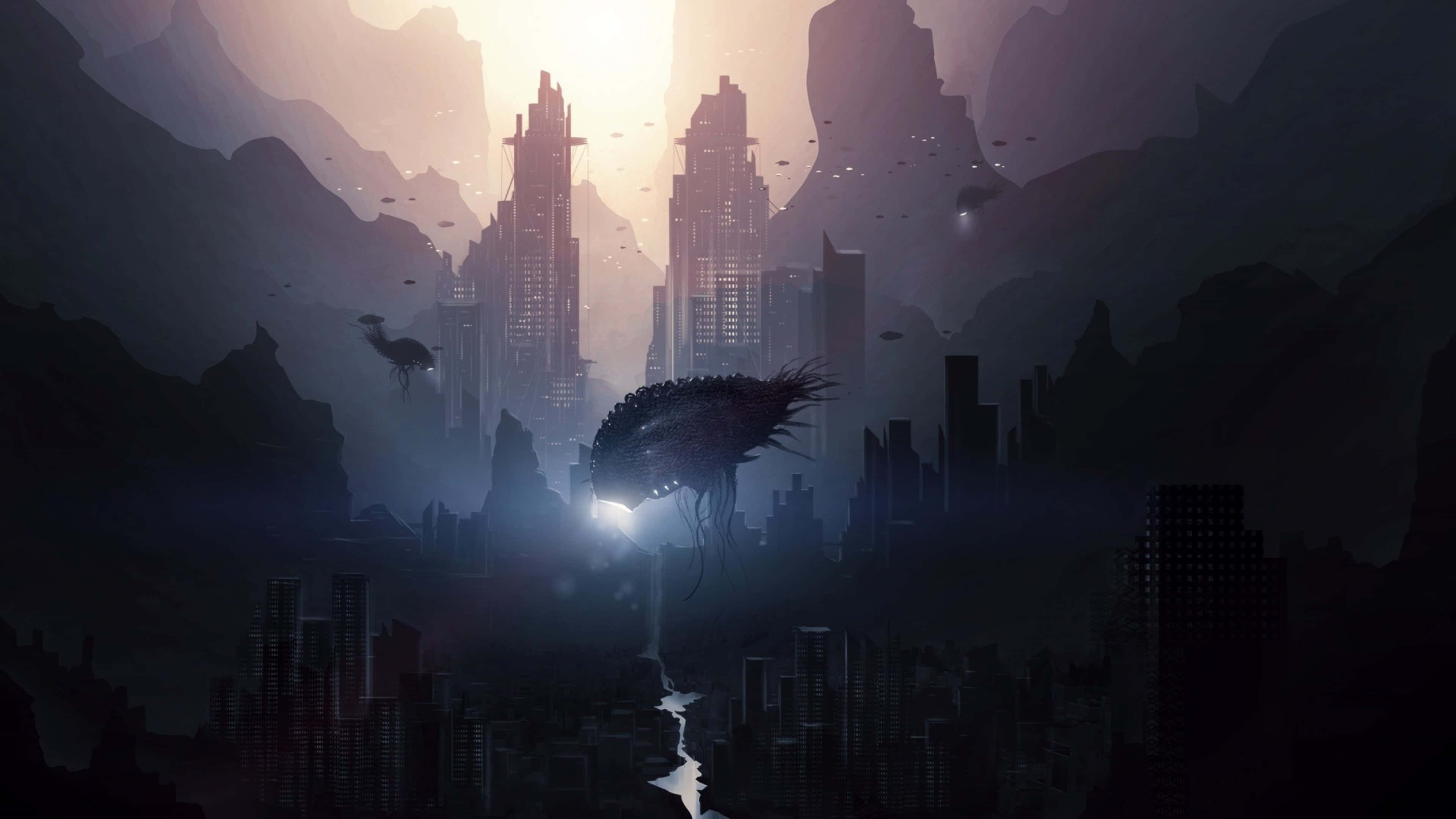 Alien 4K, futuristic city, misty mountains, 4K Desktop Wallpaper