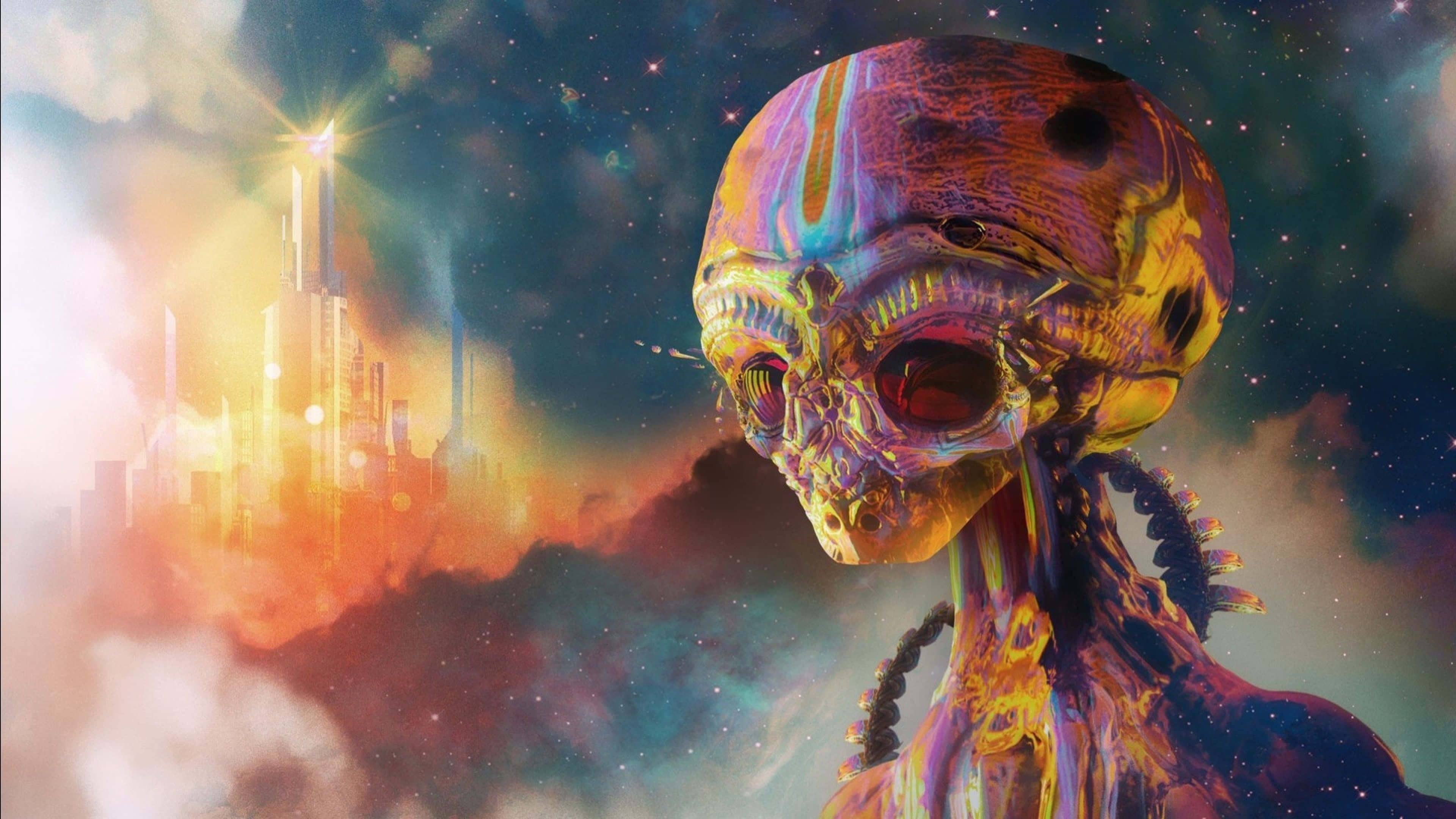 Alien, iridescent skin, cosmic backdrop, 4K Desktop Wallpaper