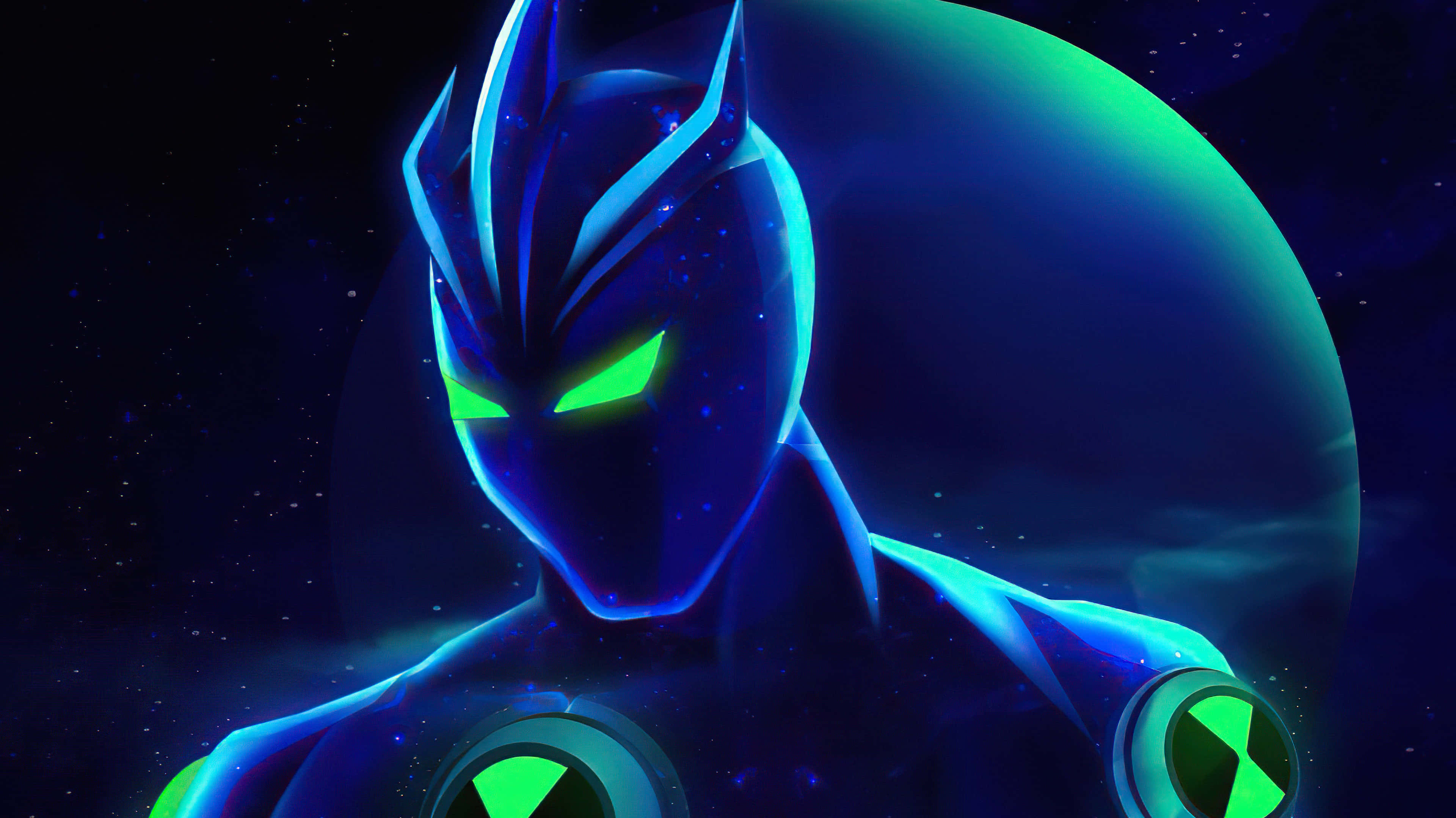alien 4K, glowing blue alien superhero, neon green eyes, 4K Desktop Wallpaper
