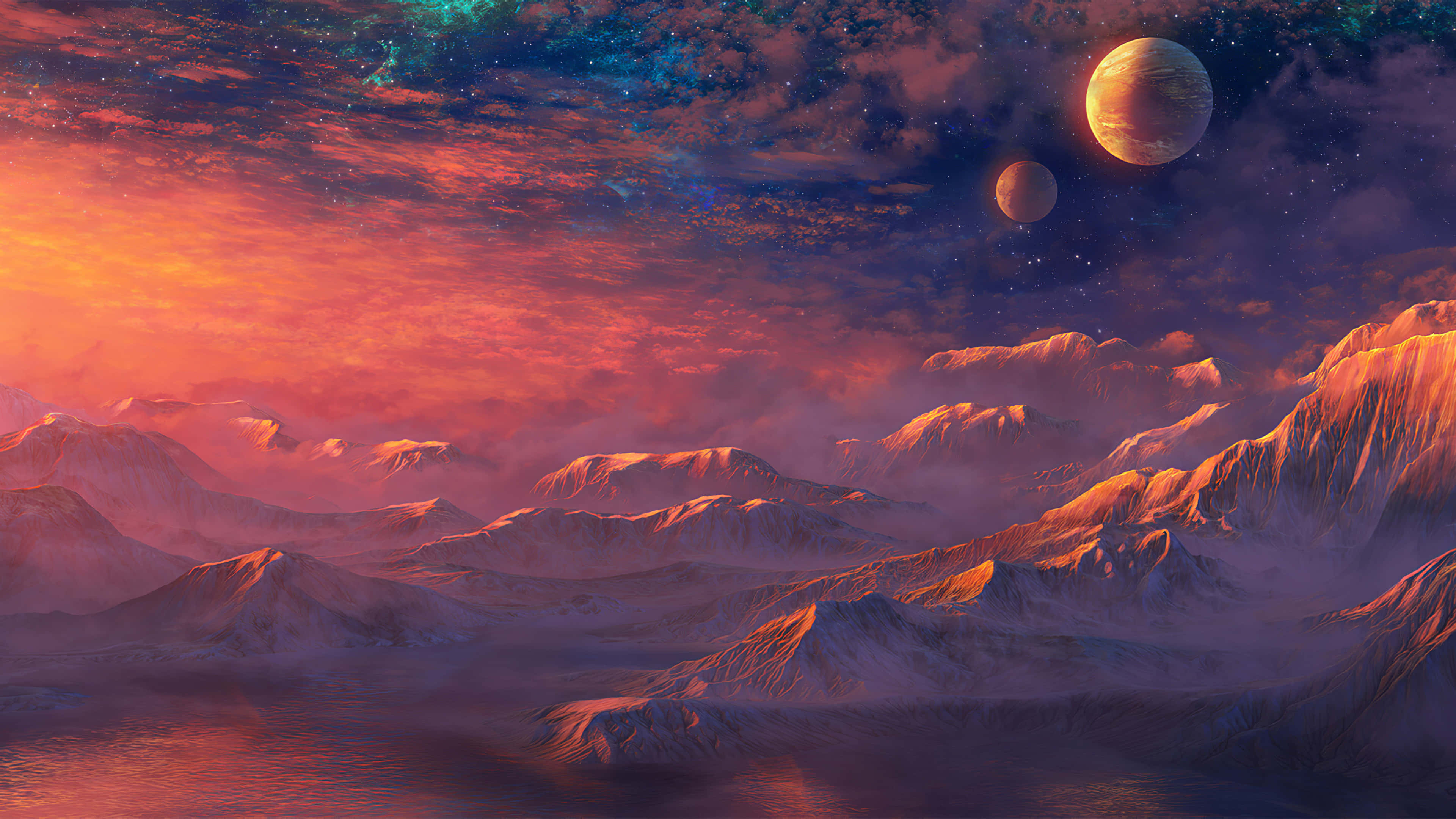 Alien 4K, surreal alien landscape, snow-capped mountains, 4K Desktop Wallpaper