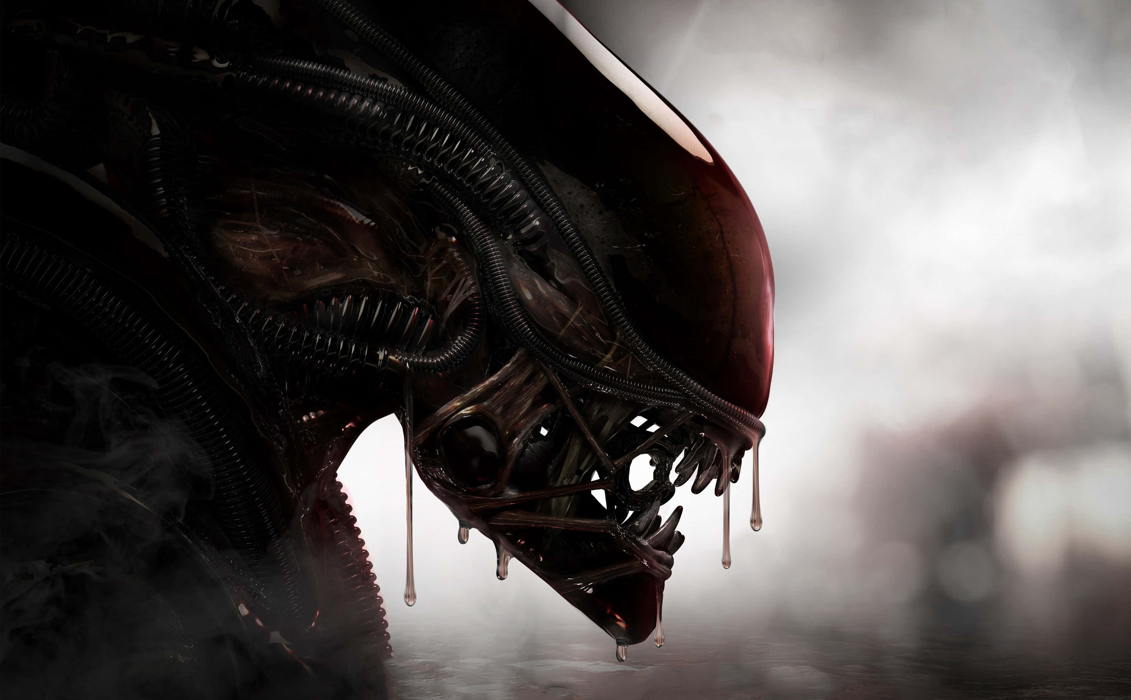 Alien 4K, glossy black head, dripping red fluid, 4K Desktop Wallpaper