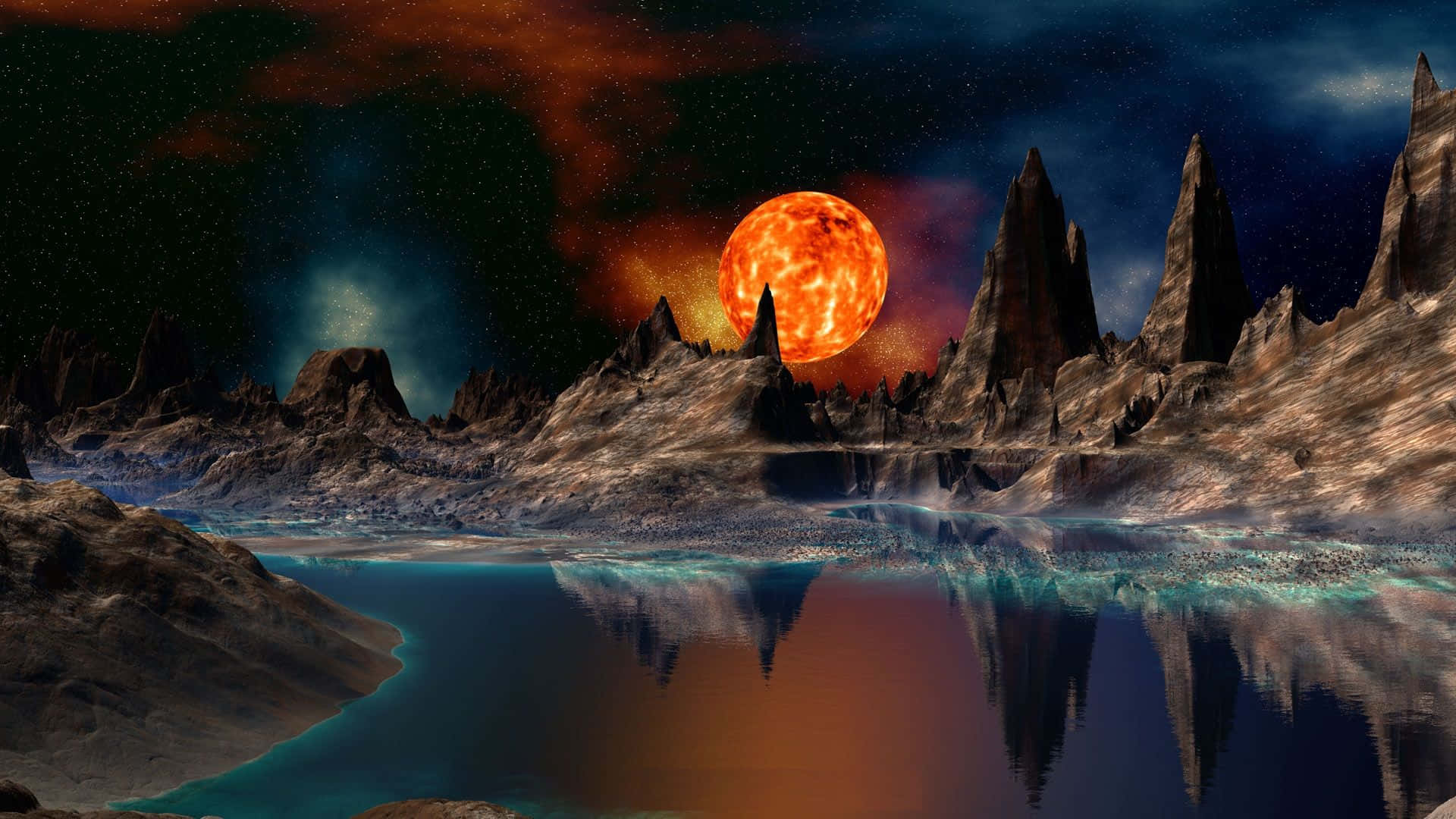 lava planet, turquoise lake, fiery orange sun, Full HD Desktop Wallpaper