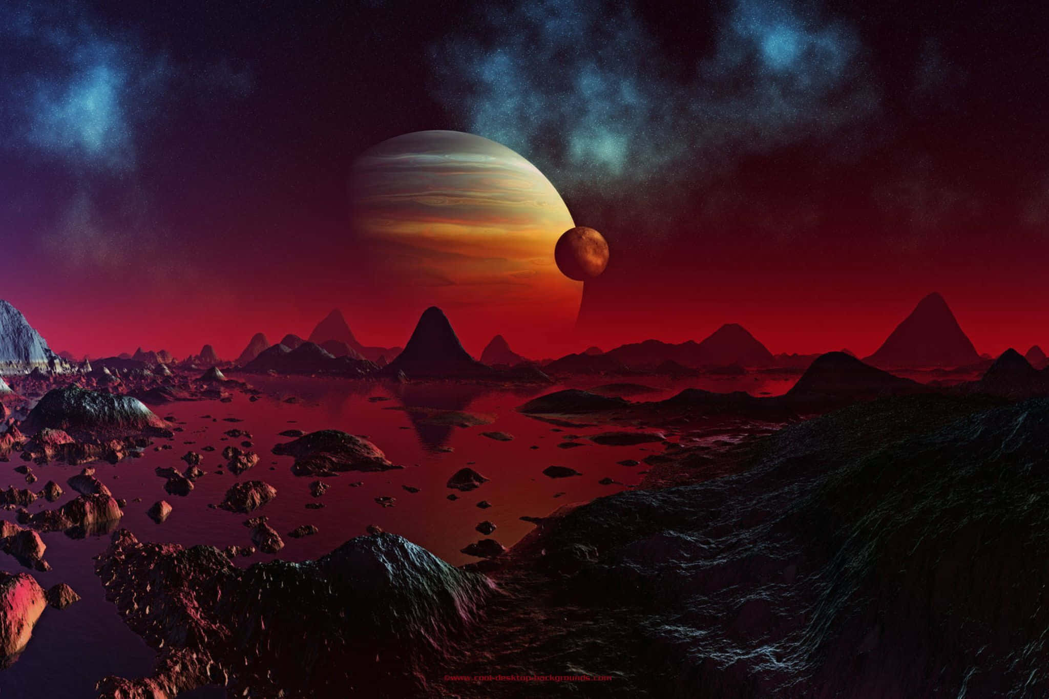 crimson lake, twilight sky, striped planet, Full HD Desktop Wallpaper