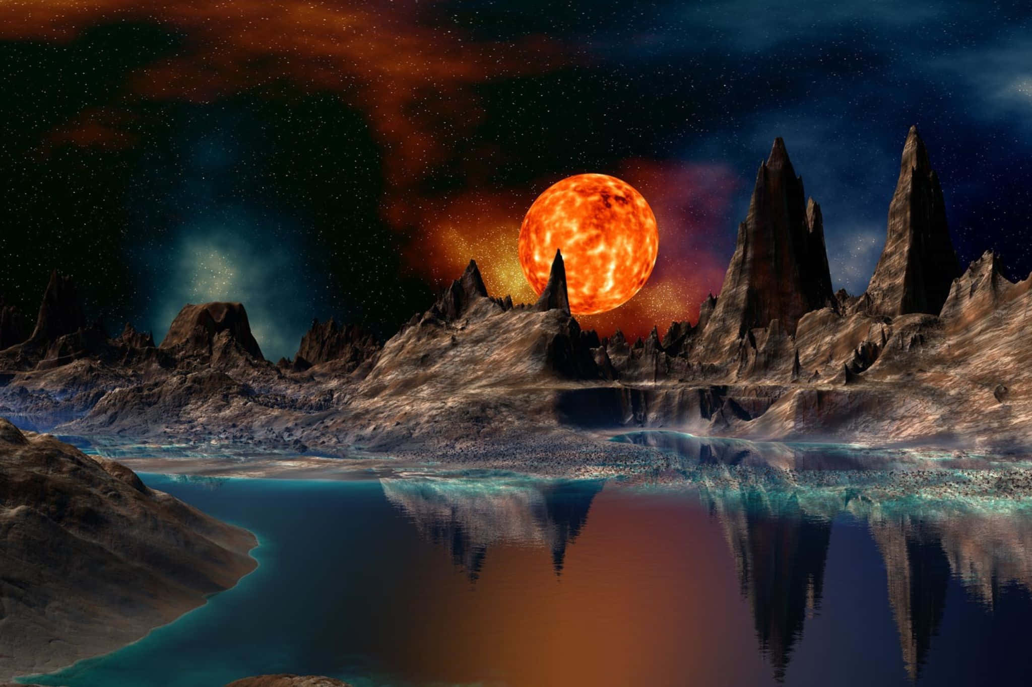 giant red sun, jagged mountains, calm turquoise lake, Full HD Desktop Wallpaper