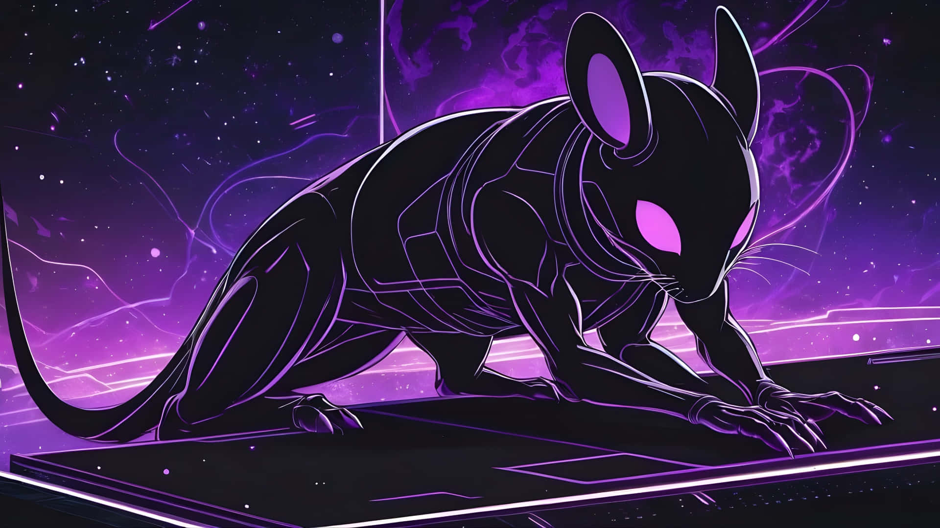 Alien Stage, neon-lit platform, cosmic purple nebula, Full HD Desktop Wallpaper