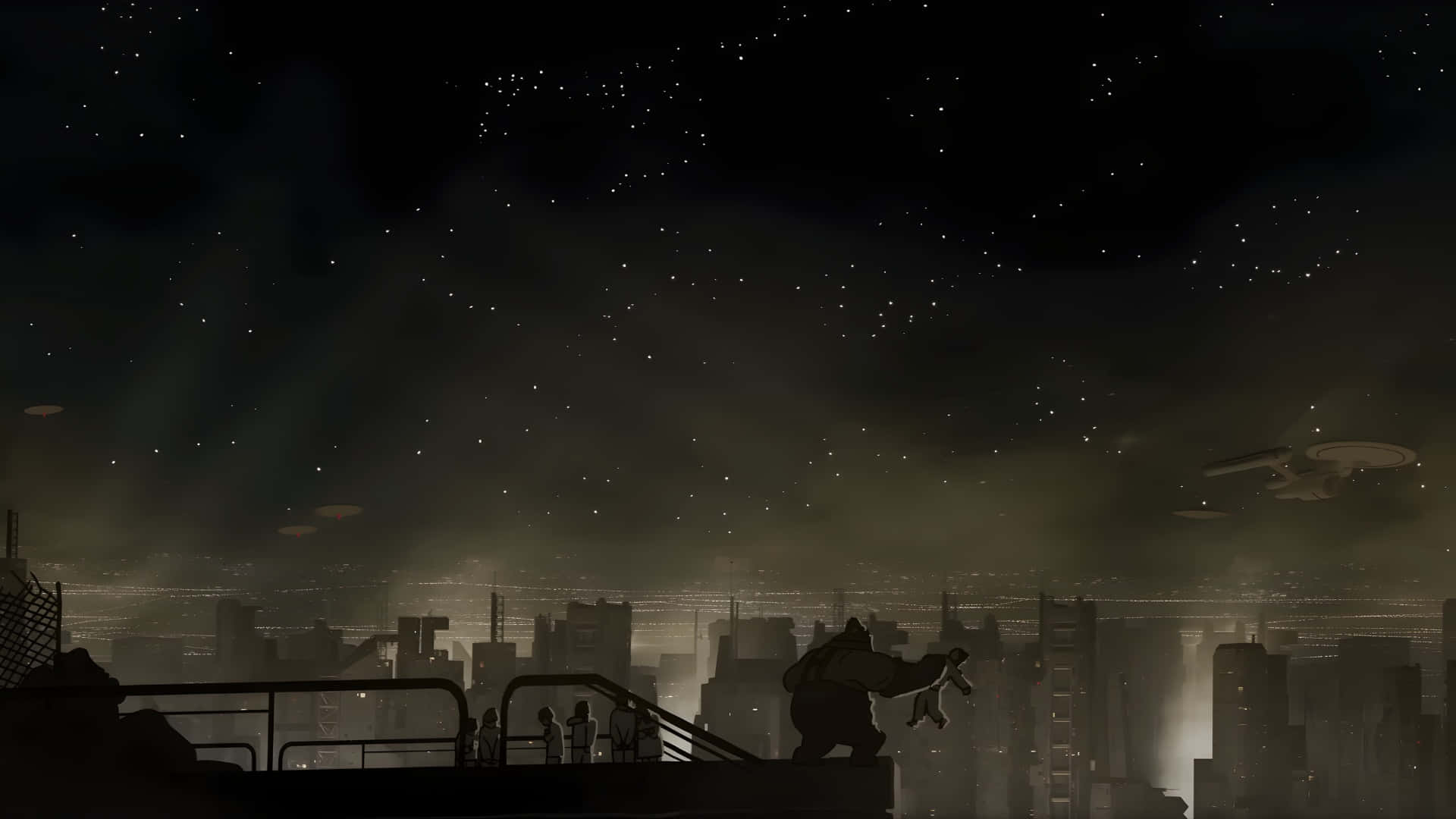 Alien Stage, dark urban battlefield, misty cityscape, Full HD Desktop Wallpaper