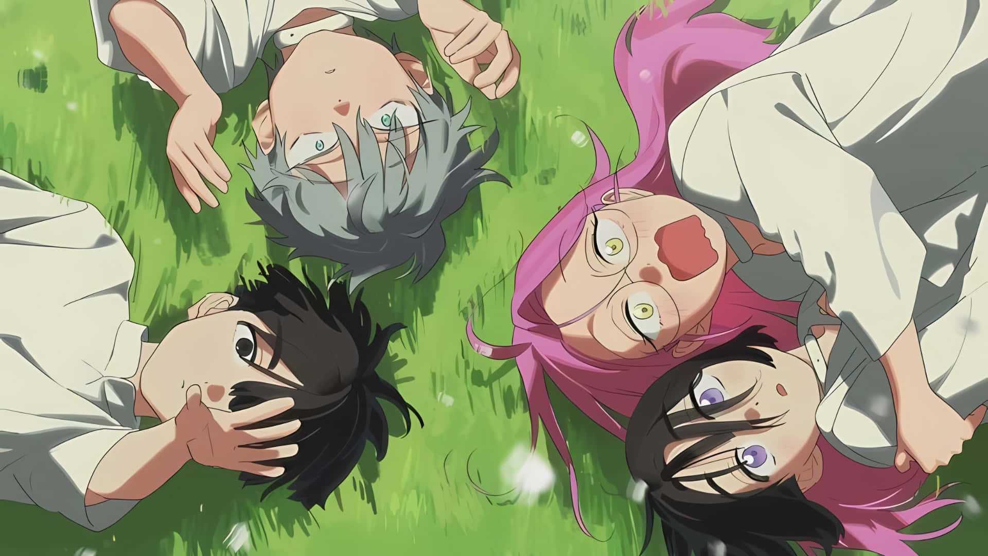 Alien Stage, anime characters, vibrant green grass, Full HD Desktop Wallpaper
