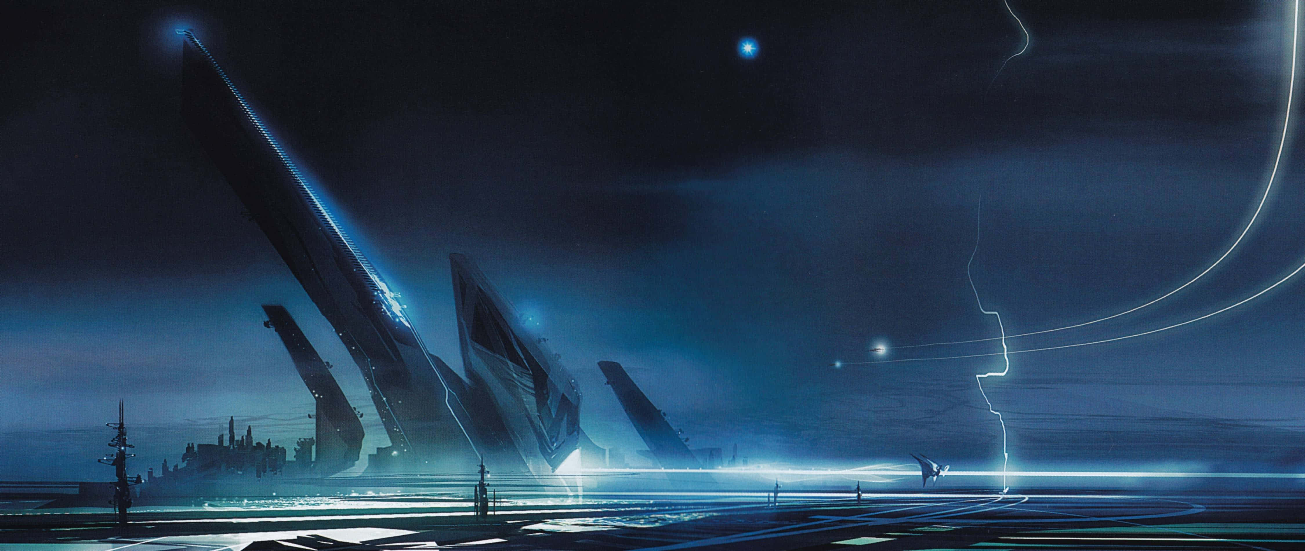 futuristic cityscape, glowing blue neon lights, towering angular structures, 4K Desktop Wallpaper