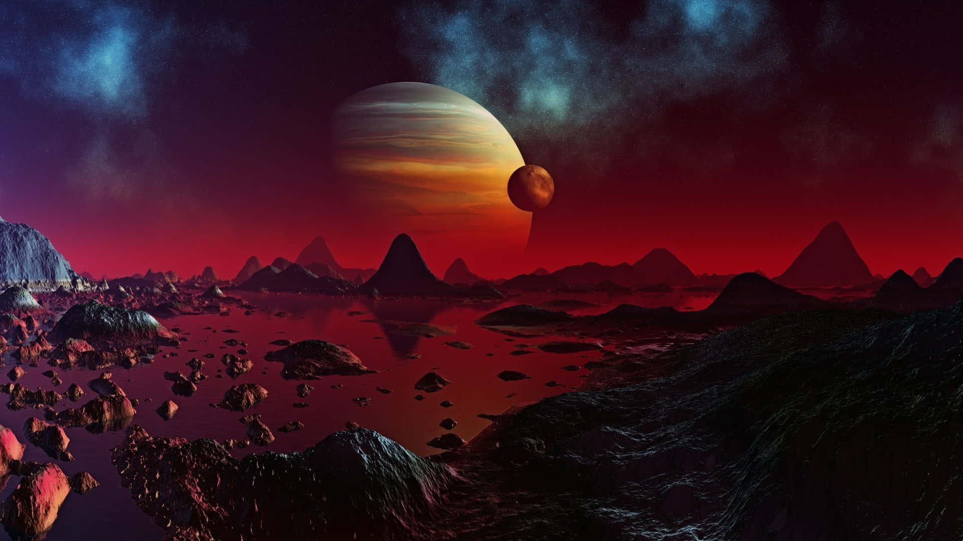 crimson sky, jagged mountains, massive ringed planet, Full HD Desktop Wallpaper