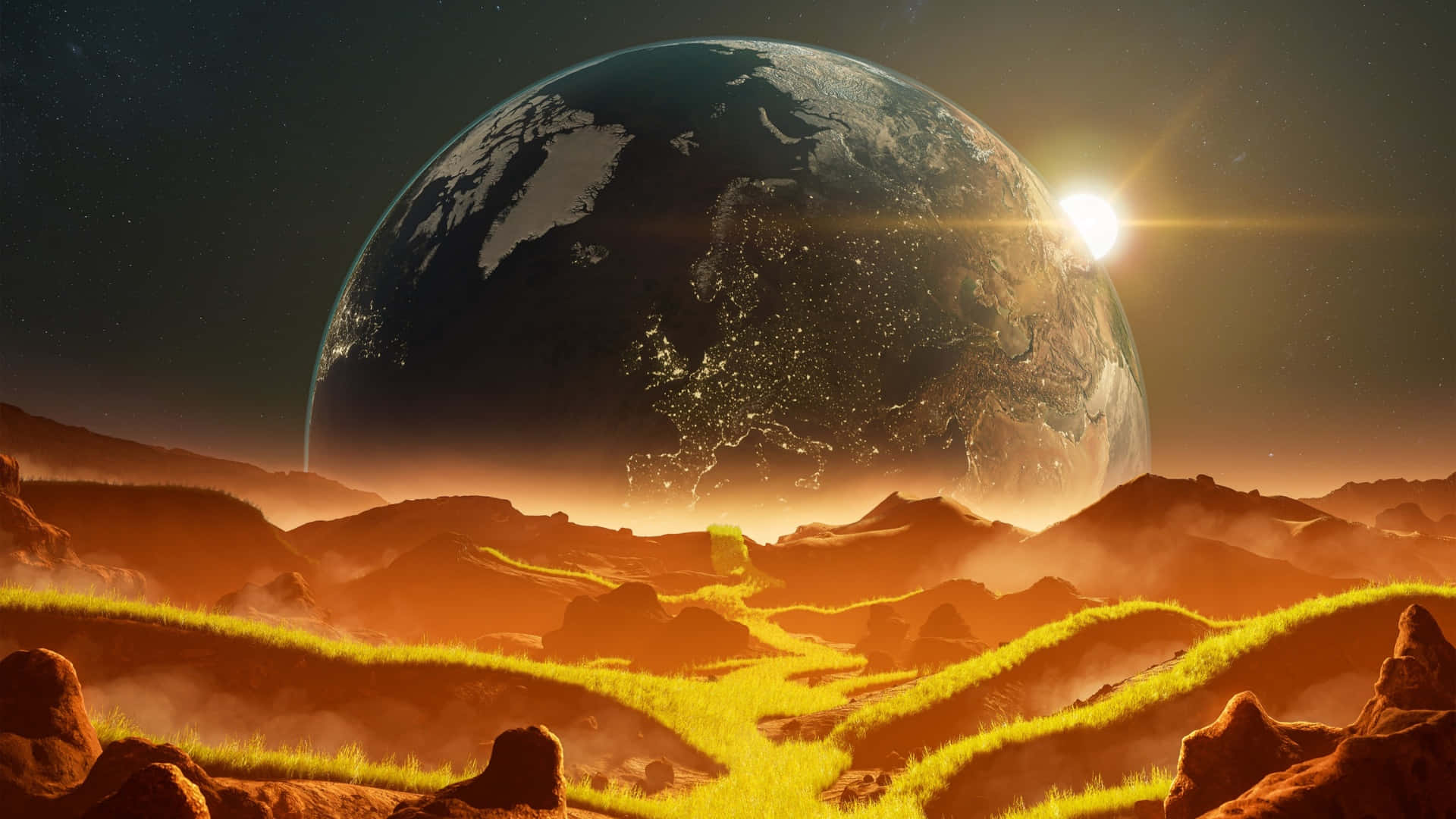 alien planet, glowing sun, massive Earth, Full HD Desktop Wallpaper