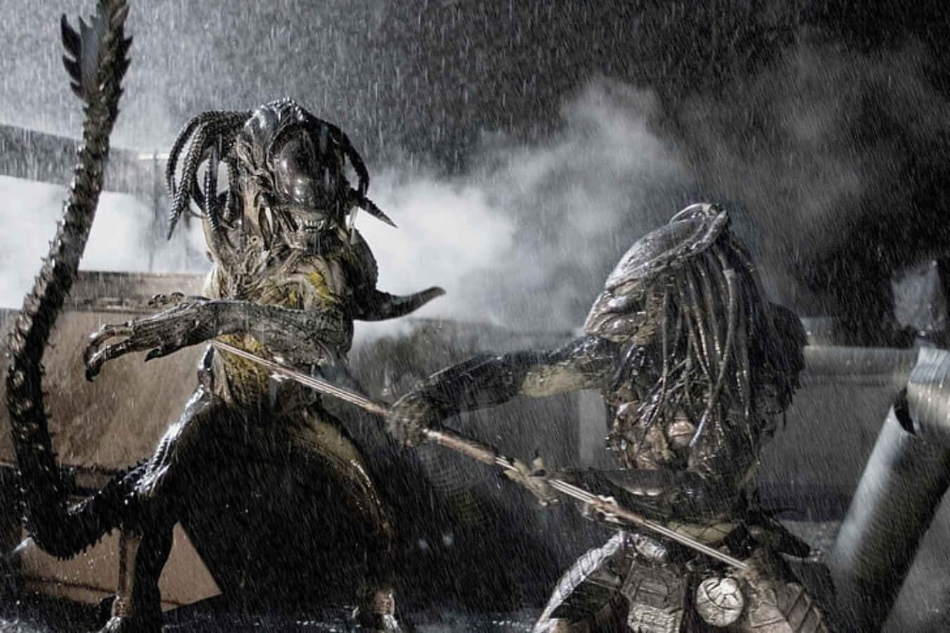 Alien Vs Predator, biomechanical aliens, rain soaked industrial ruin, HD Desktop Wallpaper