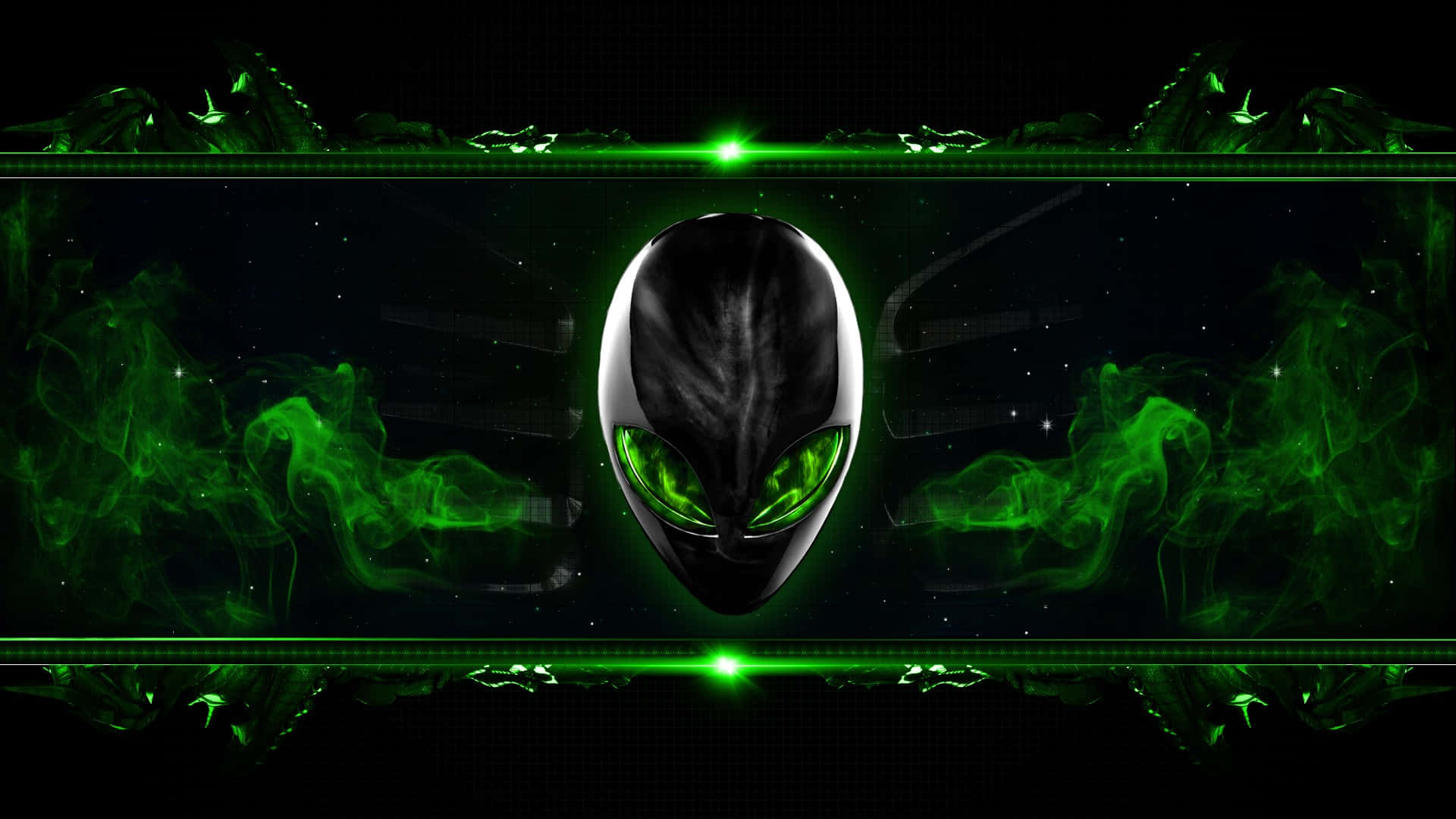neon green smoke, glowing green alien head, large eyes, Full HD Desktop Wallpaper