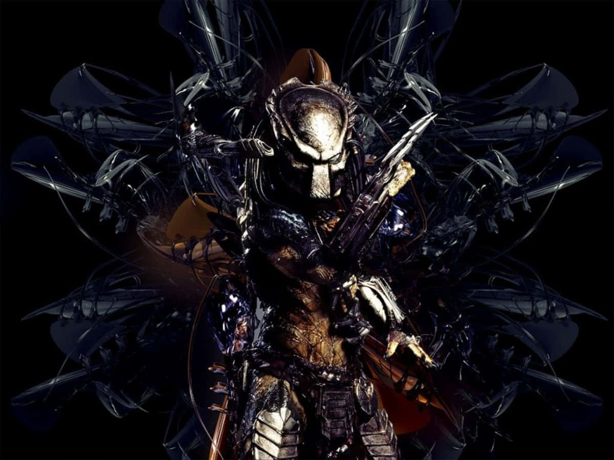 Predator warrior, metallic armor, glowing eyes, SD Desktop Wallpaper