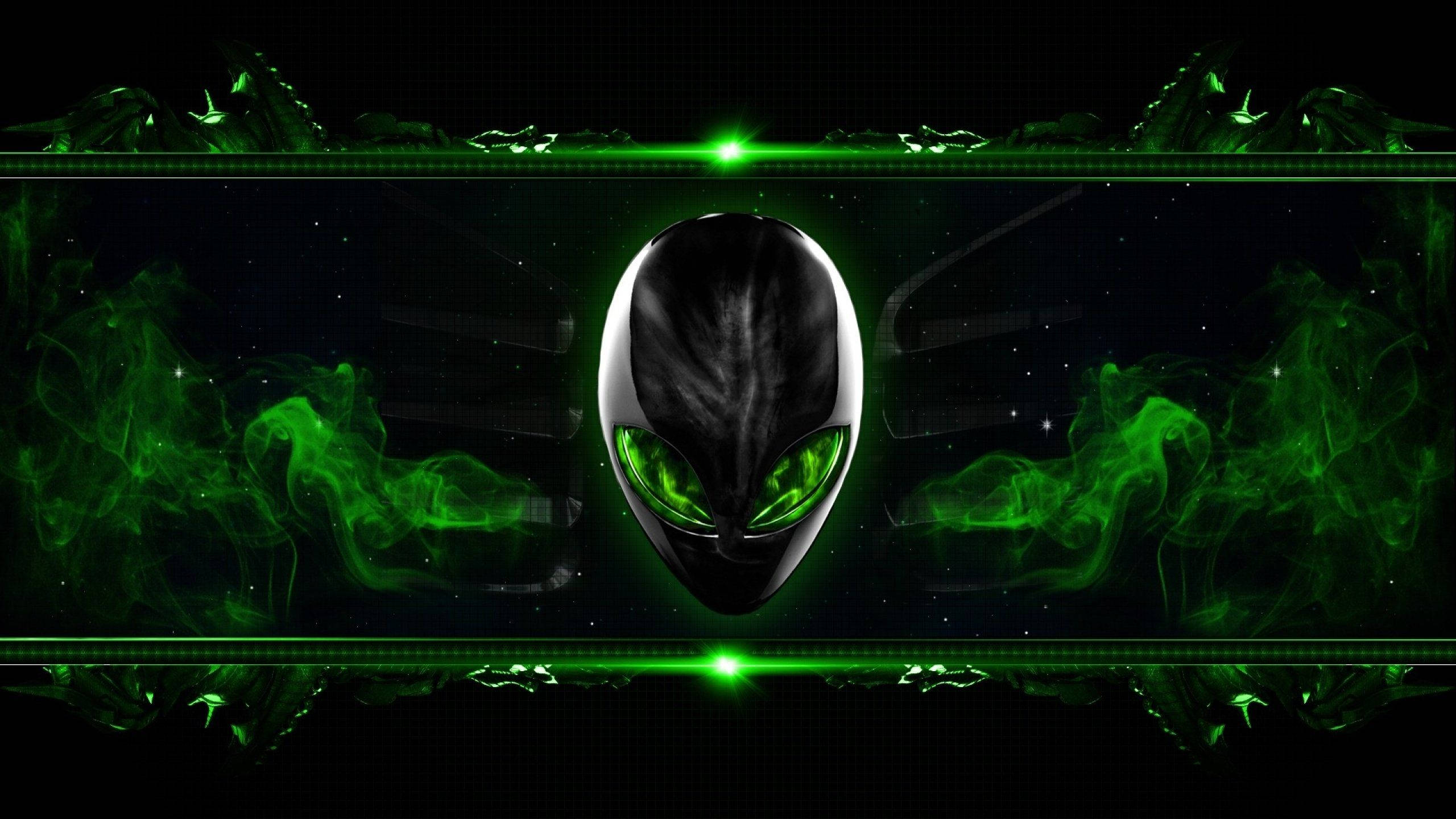 Alienware, glowing green alien head, reflective eyes, 2K Desktop Wallpaper